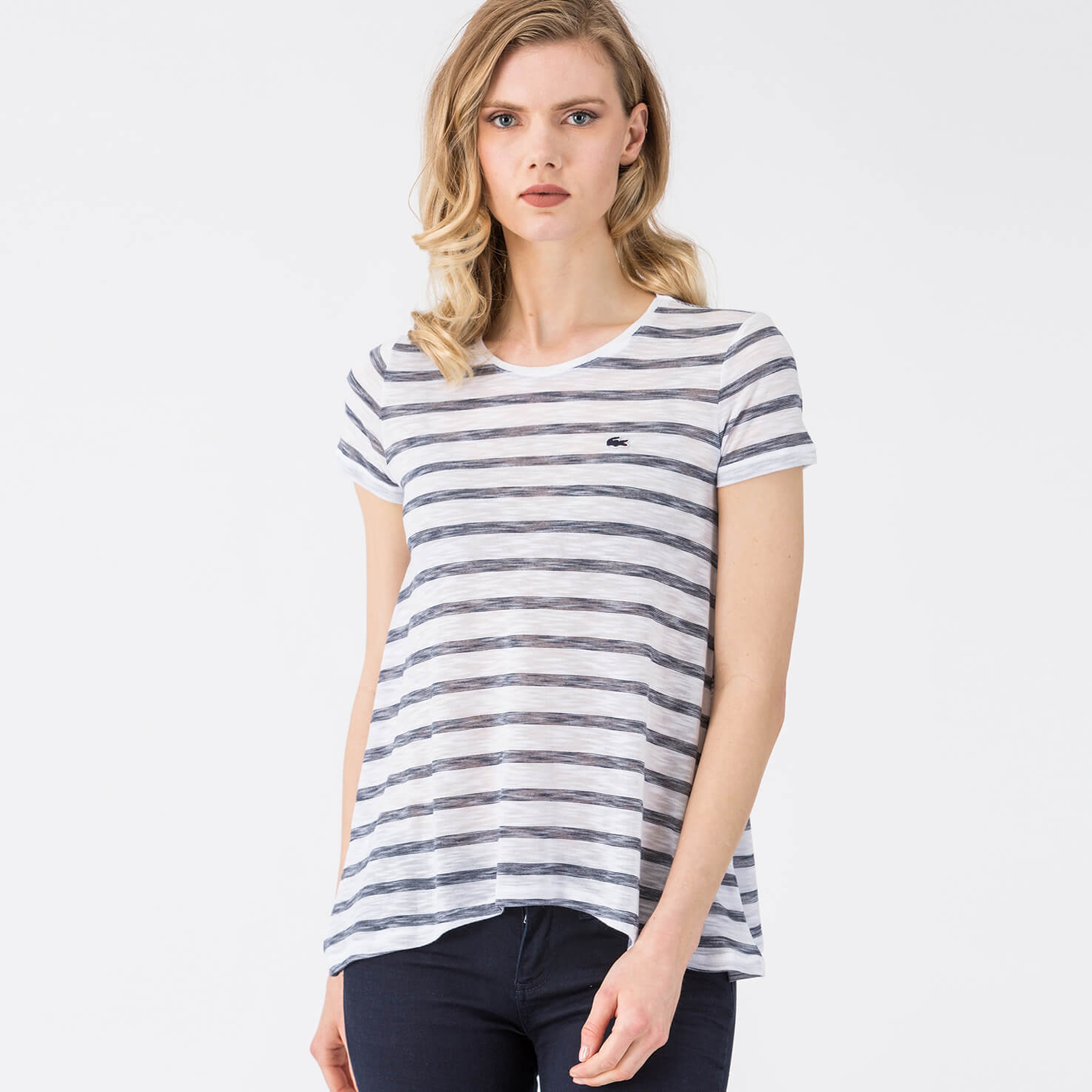 Lacoste Çizgili Beyaz Kadın Tshirt