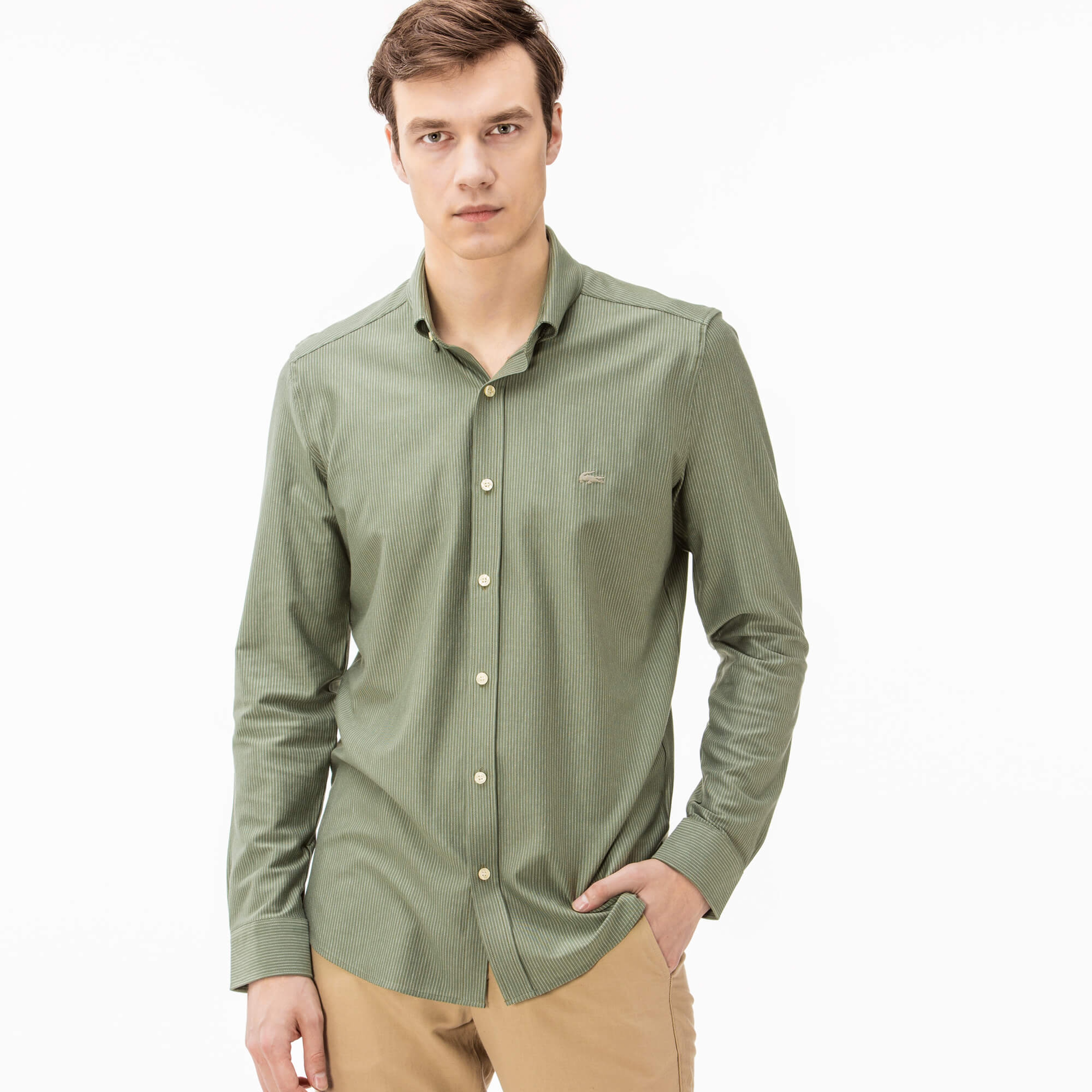 Lacoste Erkek Yeşil Slim Fit Uzun Kollu Gömlek