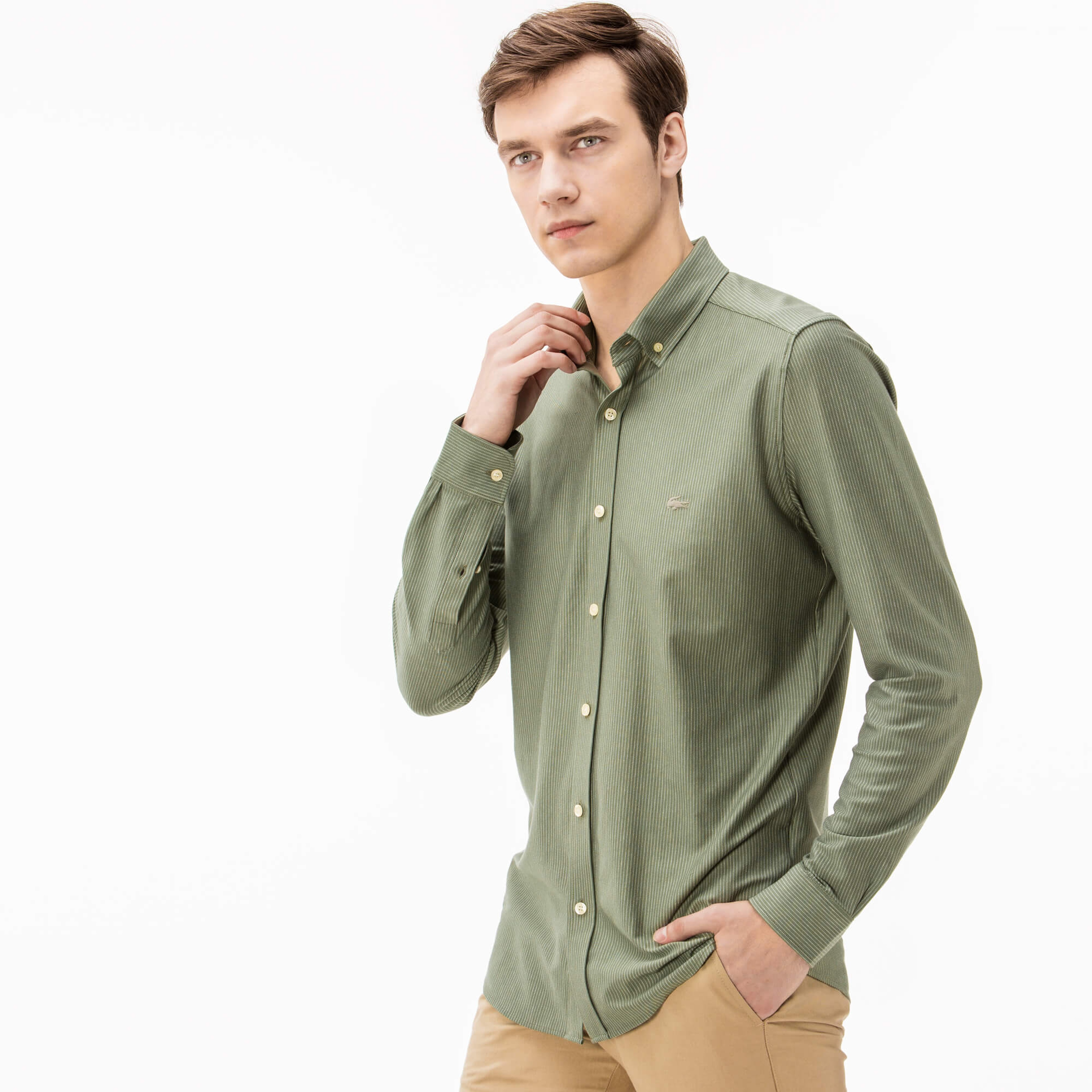 Lacoste Erkek Yeşil Slim Fit Uzun Kollu Gömlek