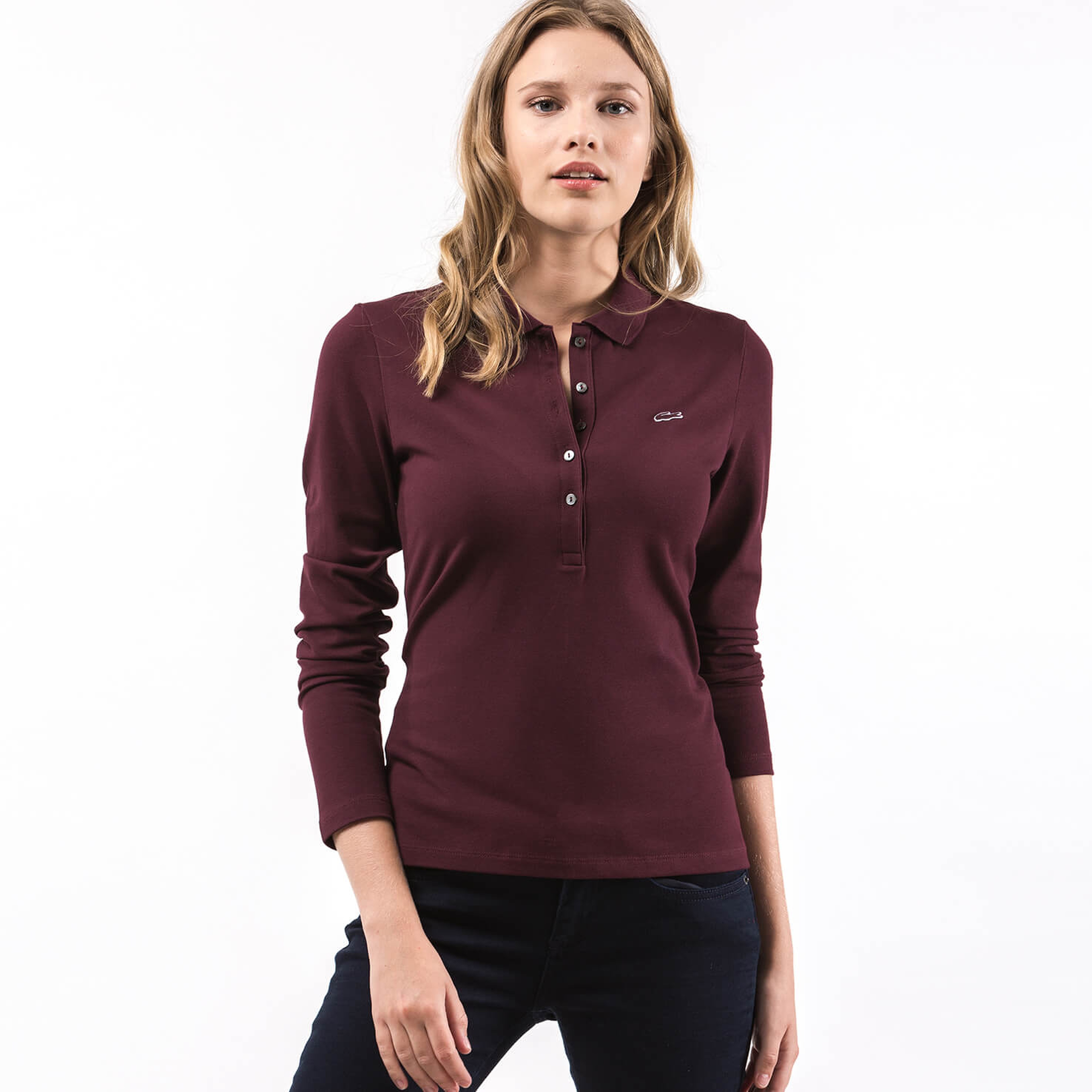 Lacoste Kadın Bordo Slim Fit Uzun Kollu Polo