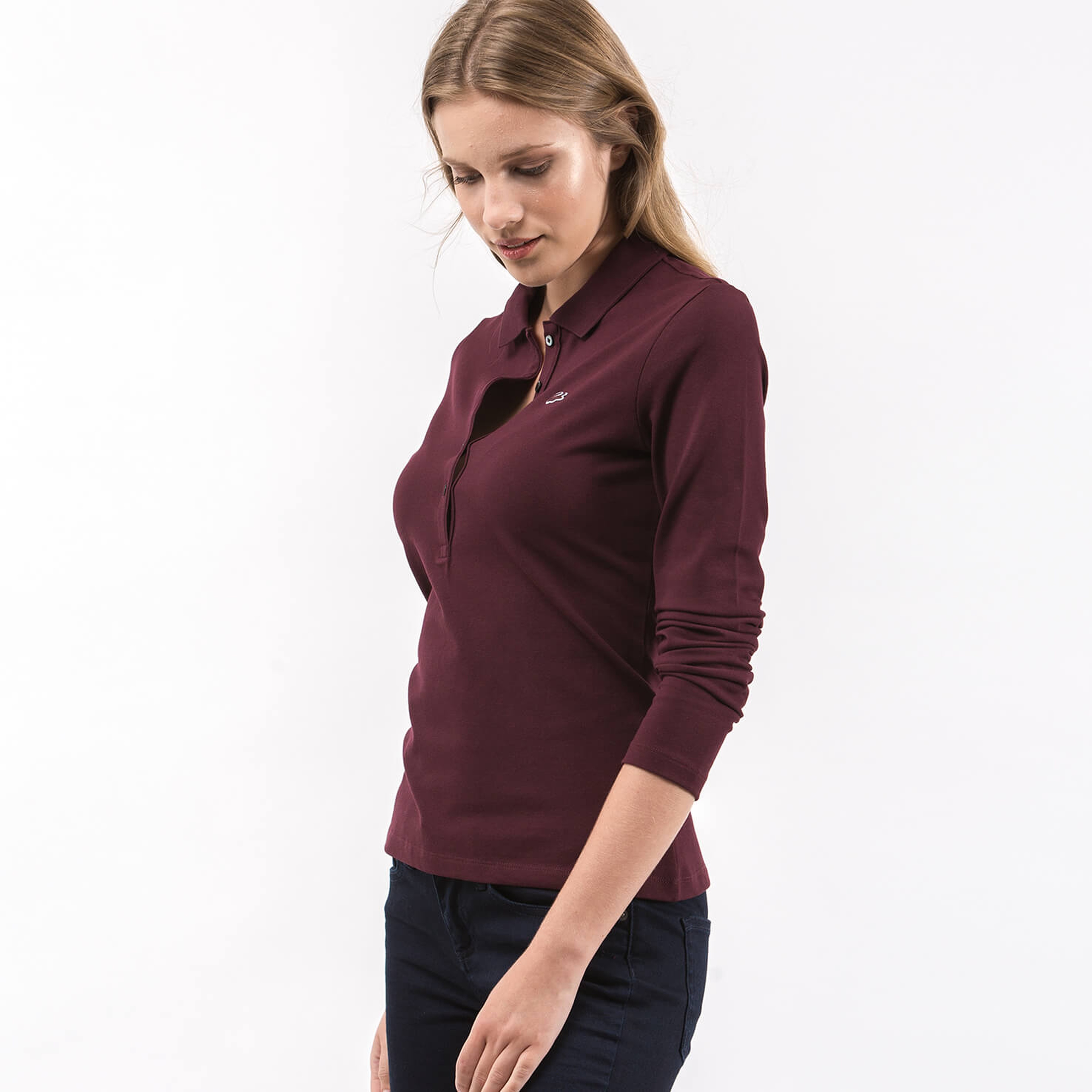Lacoste Kadın Bordo Slim Fit Uzun Kollu Polo