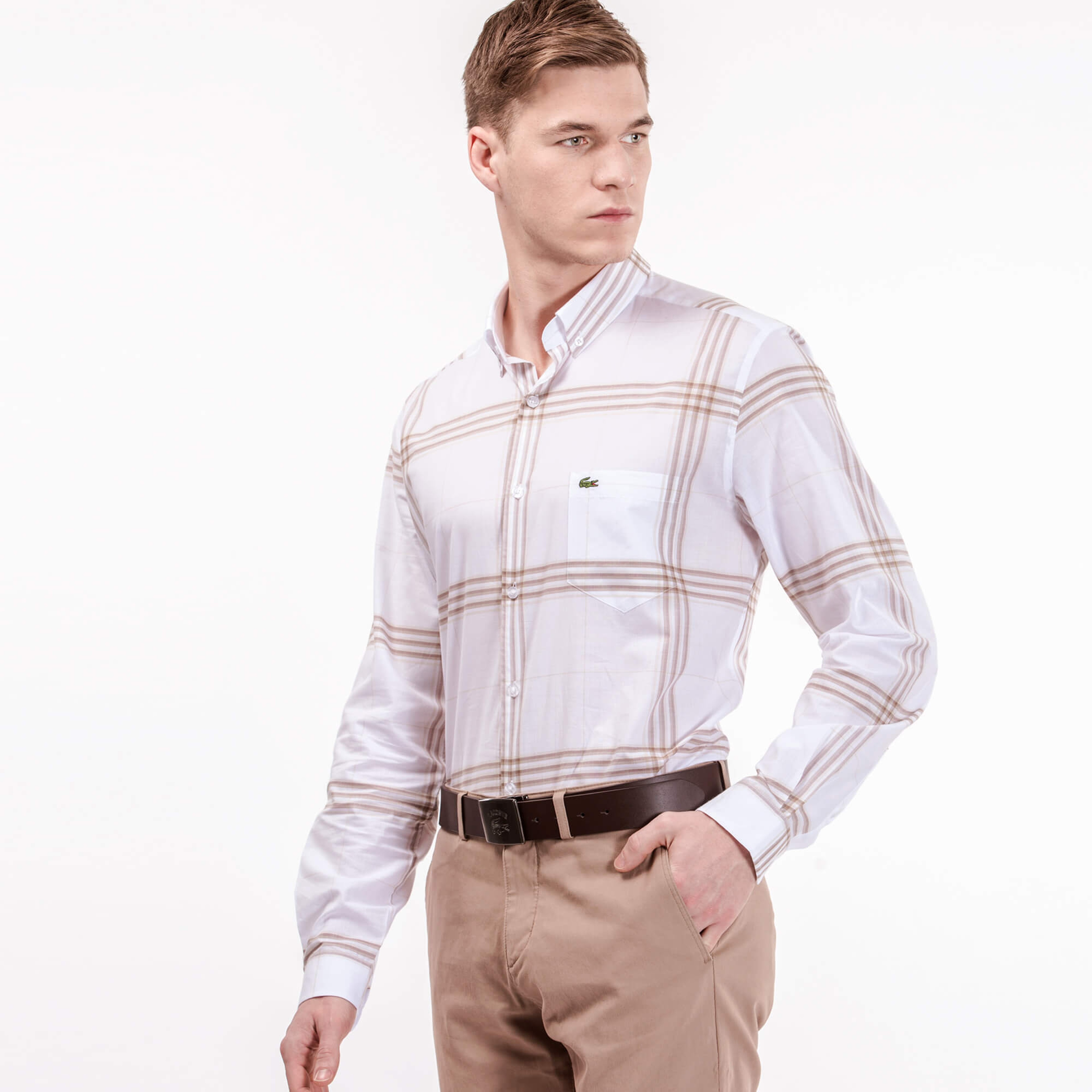 Lacoste Erkek Bej Çizgili Regular Fit Uzun Kollu Beyaz Gömlek