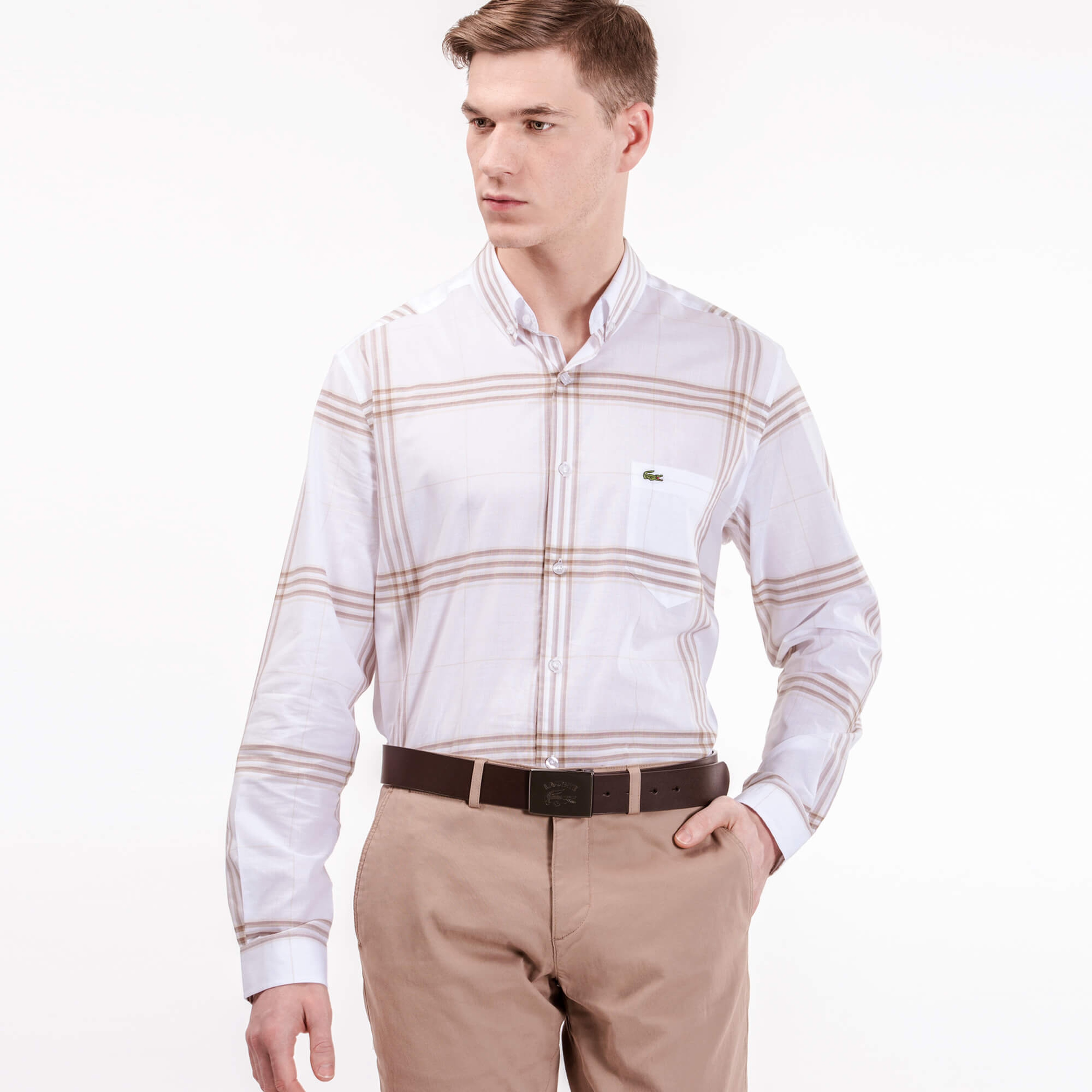 Lacoste Erkek Bej Çizgili Regular Fit Uzun Kollu Beyaz Gömlek