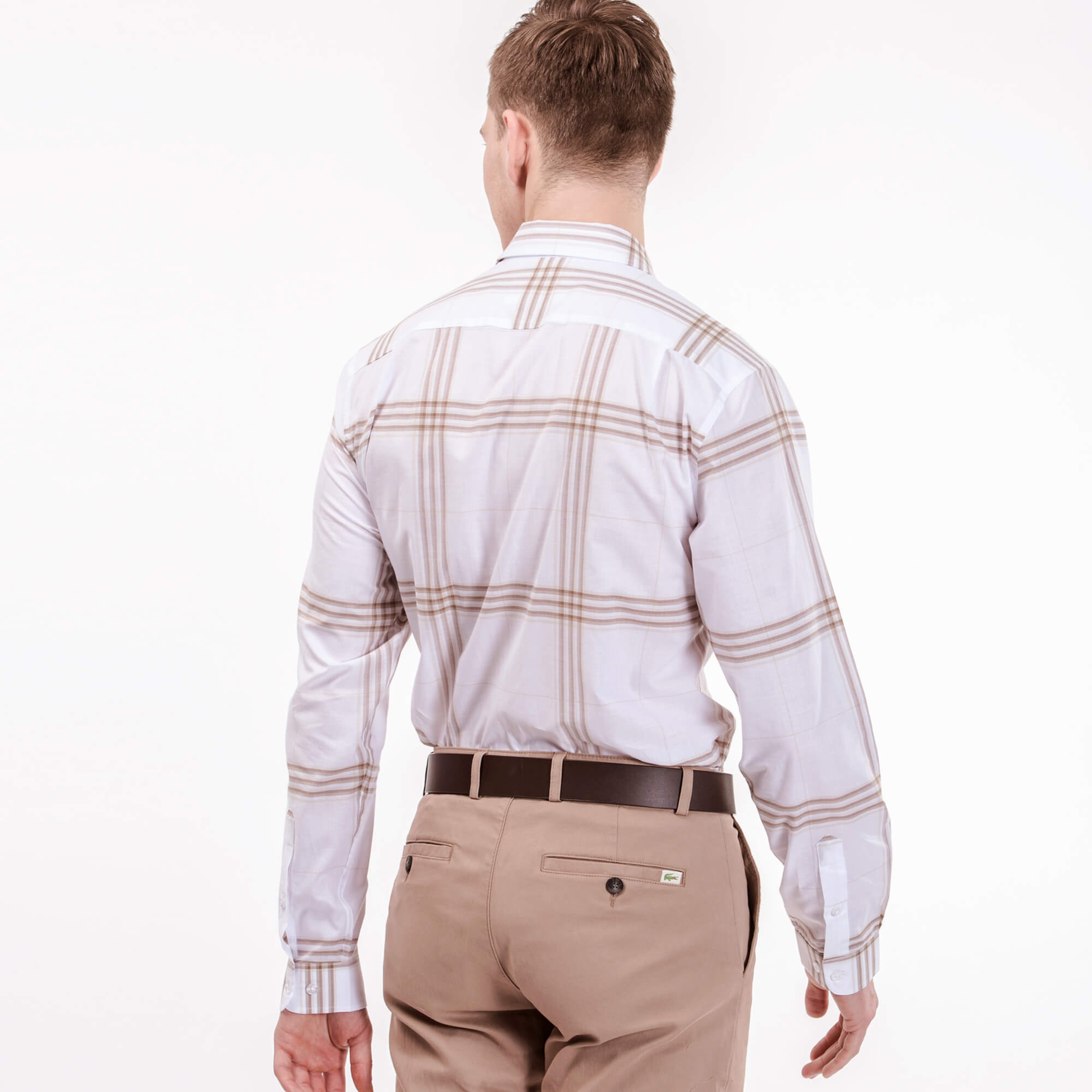 Lacoste Erkek Bej Çizgili Regular Fit Uzun Kollu Beyaz Gömlek