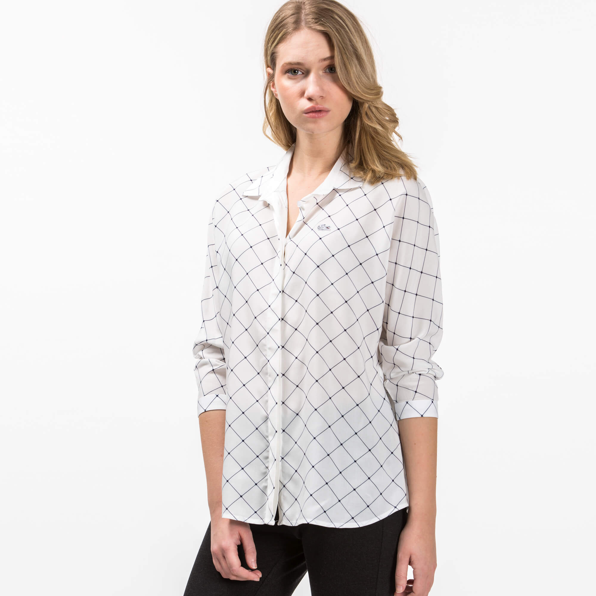 Lacoste Kadın Lacivert Çizgili Uzun Kollu Beyaz Gömlek