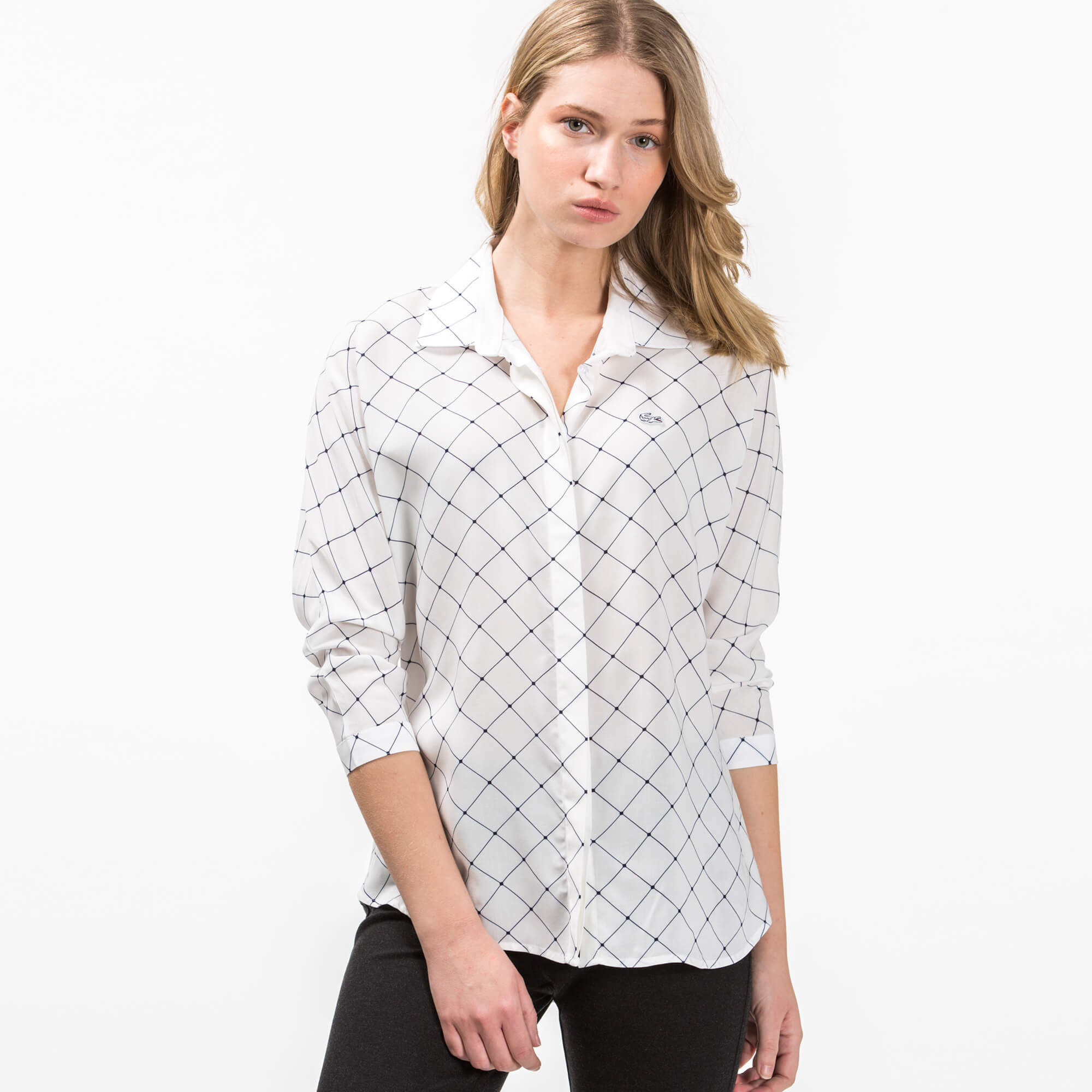 Lacoste Kadın Lacivert Çizgili Uzun Kollu Beyaz Gömlek