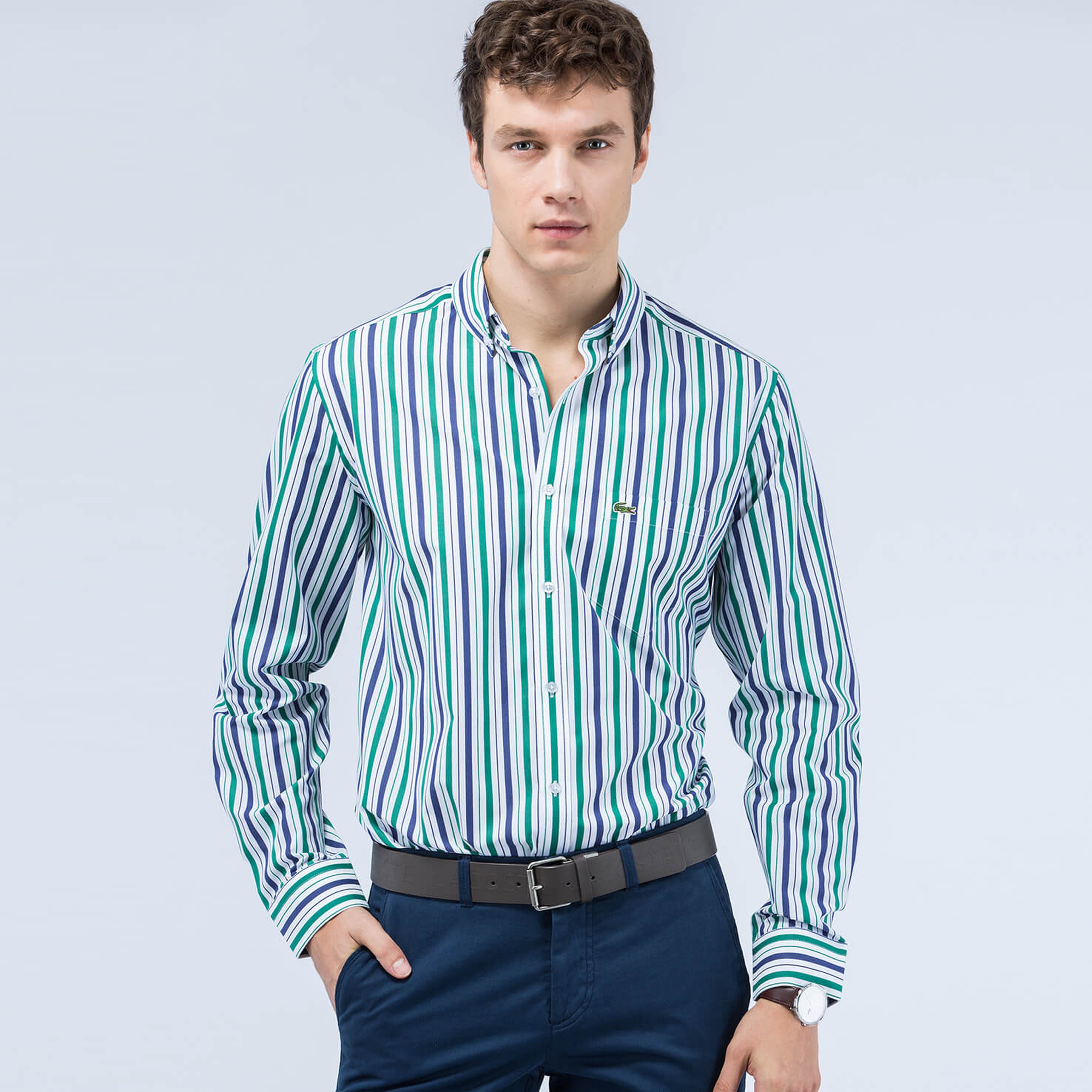 Lacoste Yeşil Çizgili Erkek Gömlek