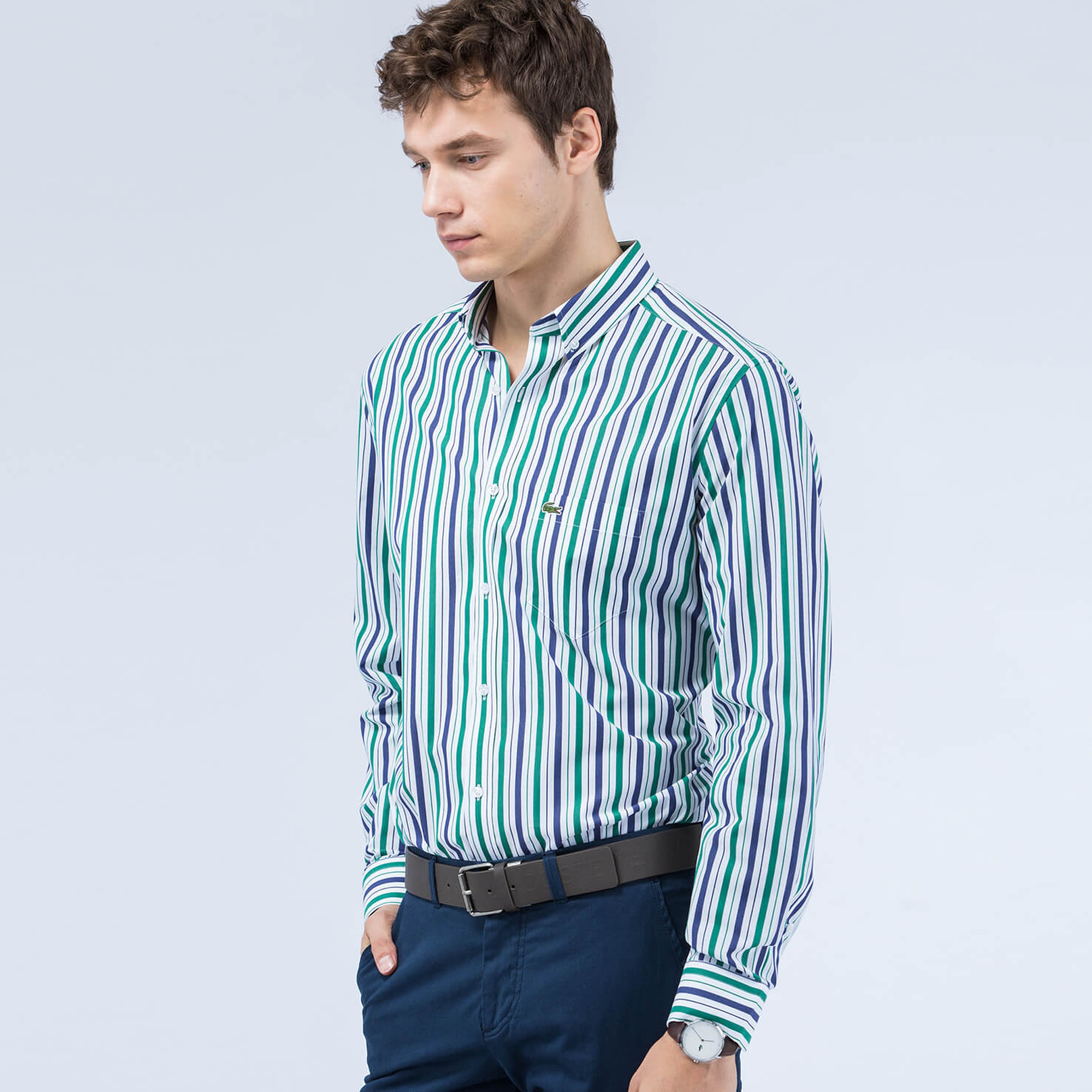 Lacoste Yeşil Çizgili Erkek Gömlek