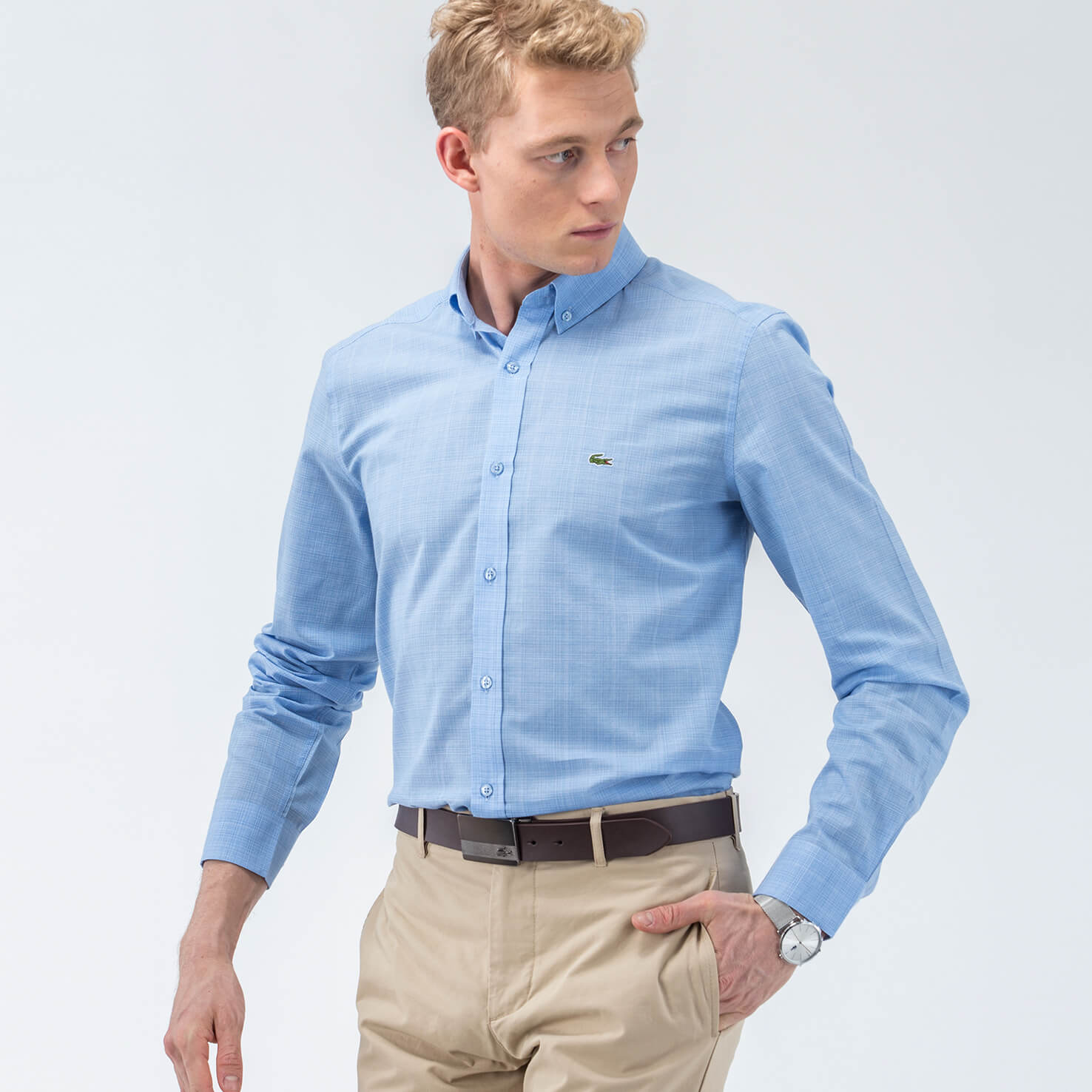 Lacoste Erkek Mavi Slım Fit Uzun Kollu Gömlek