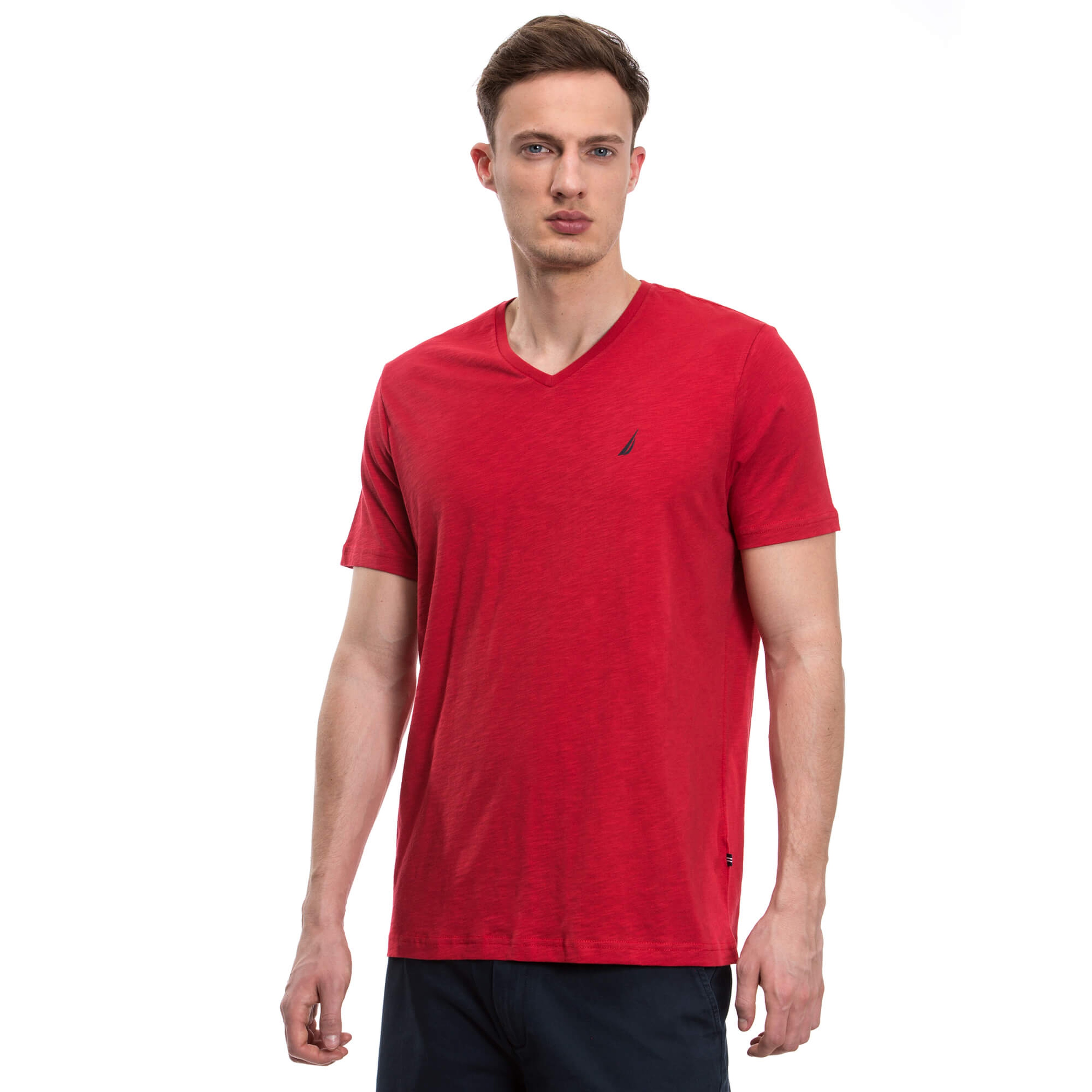 NAUTICA ERKEK KIRMIZI KISA KOLLU V YAKA SLIM FIT T-SHIRT