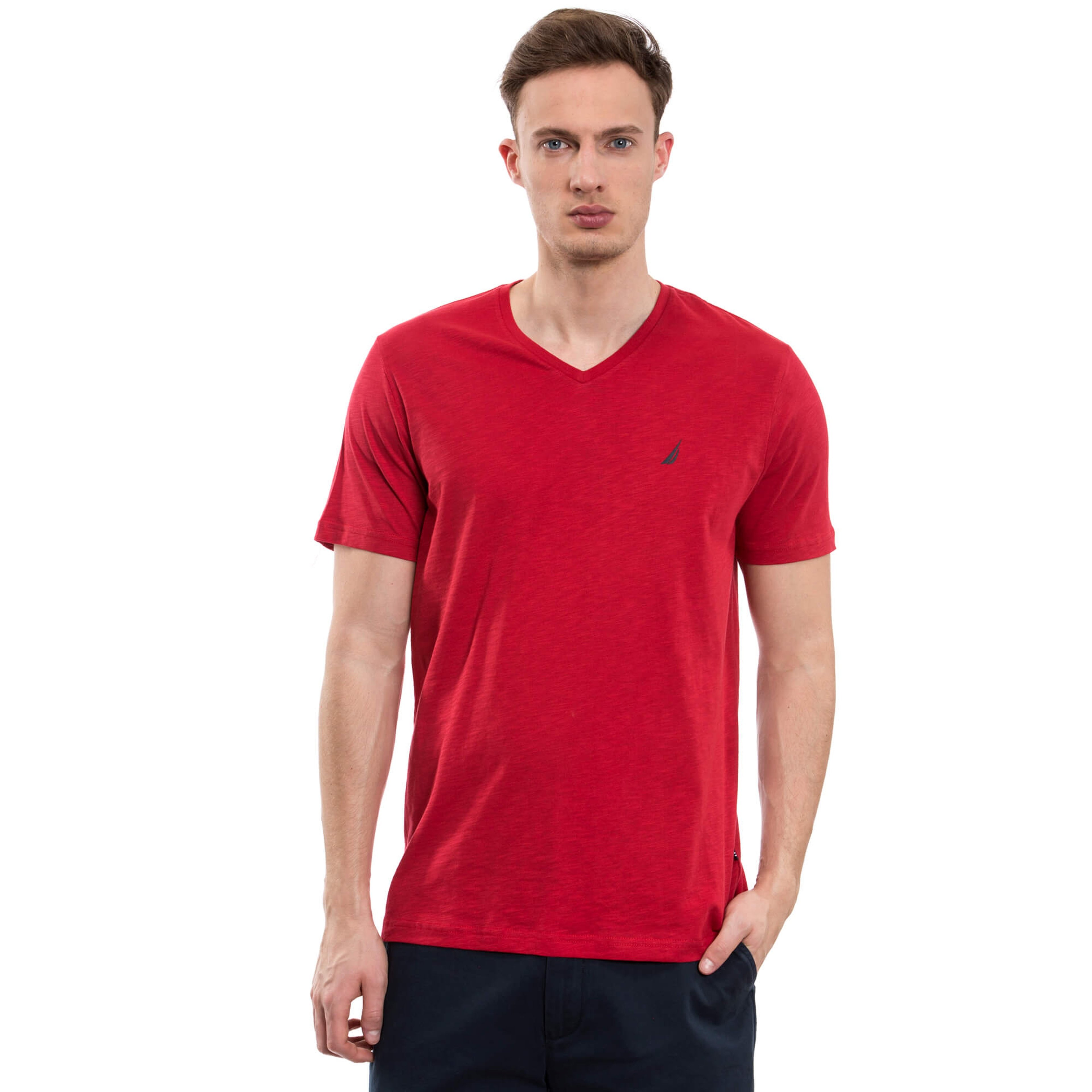 NAUTICA ERKEK KIRMIZI KISA KOLLU V YAKA SLIM FIT T-SHIRT