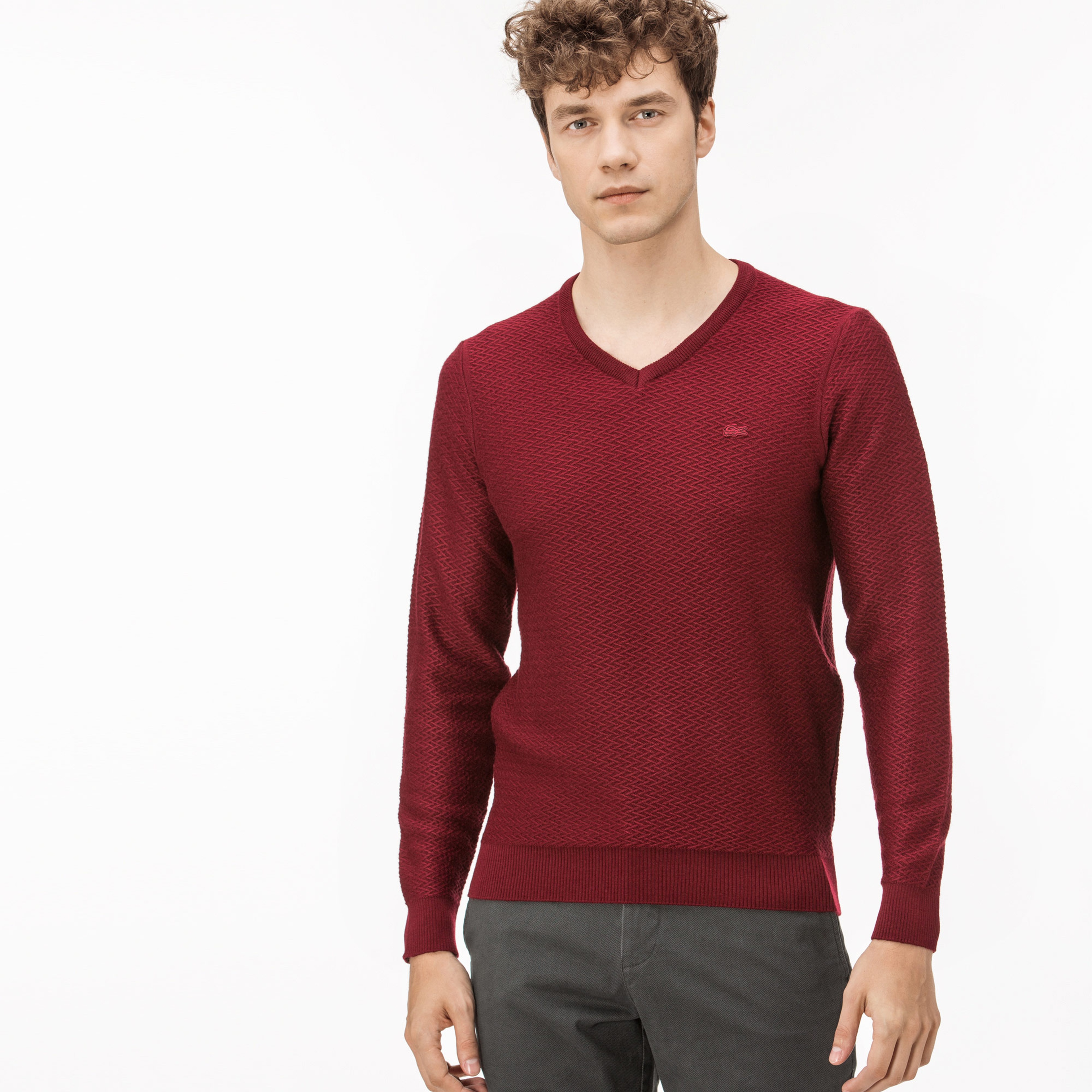 Lacoste Erkek Bordo V Yakalı Triko Kazak