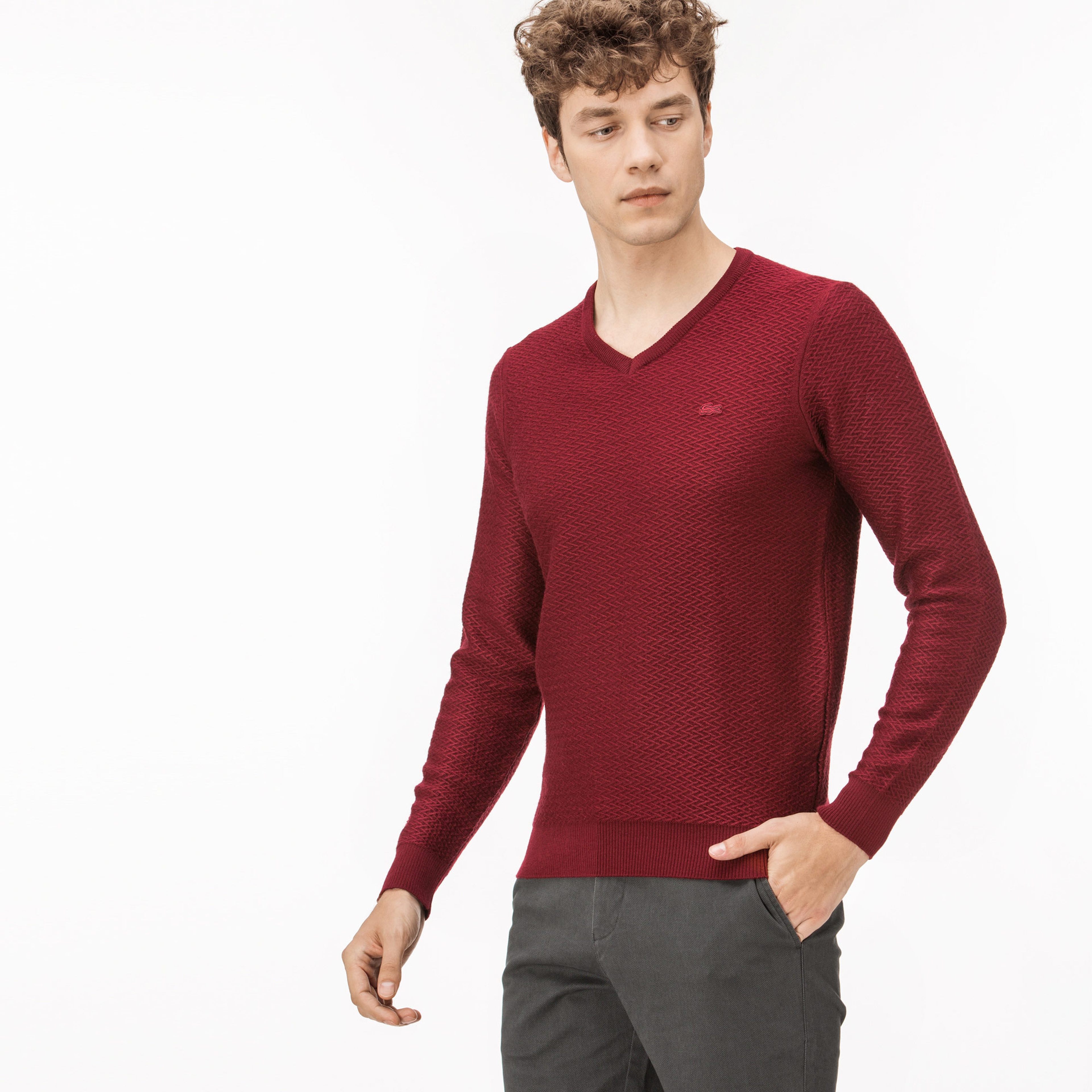 Lacoste Erkek Bordo V Yakalı Triko Kazak