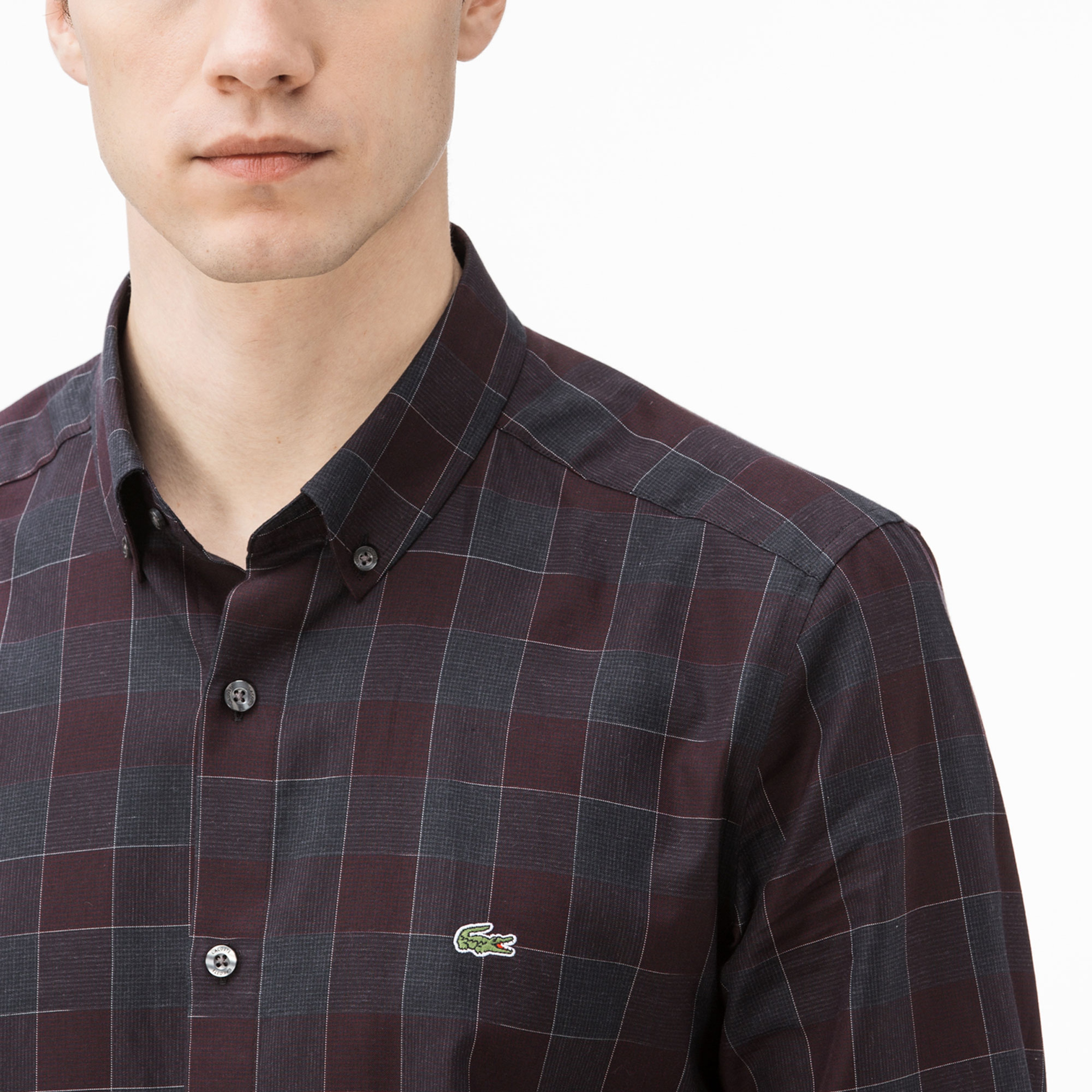 Lacoste Erkek Slim Fit Bordo - Gri Ekose Gömlek