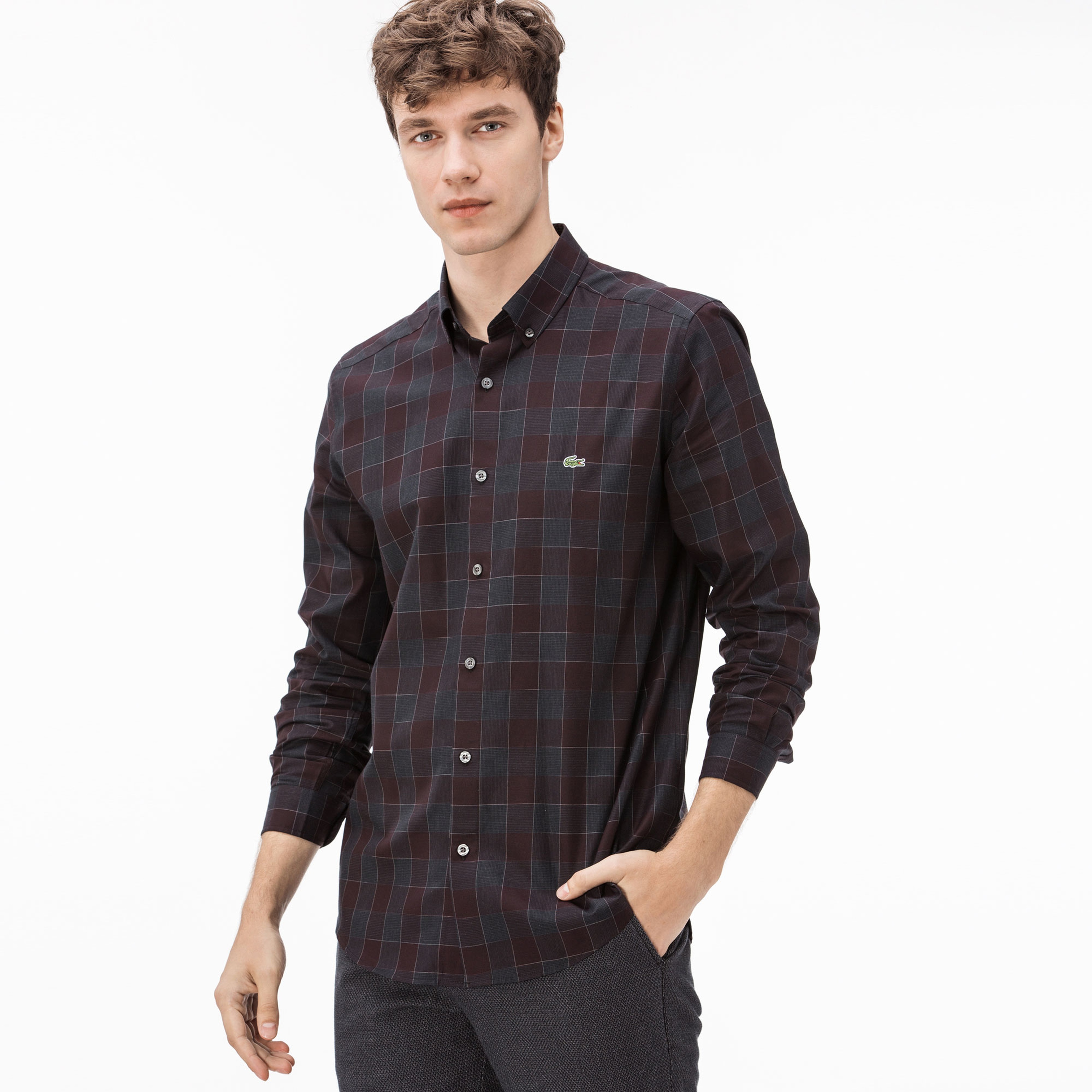 Lacoste Erkek Slim Fit Bordo - Gri Ekose Gömlek