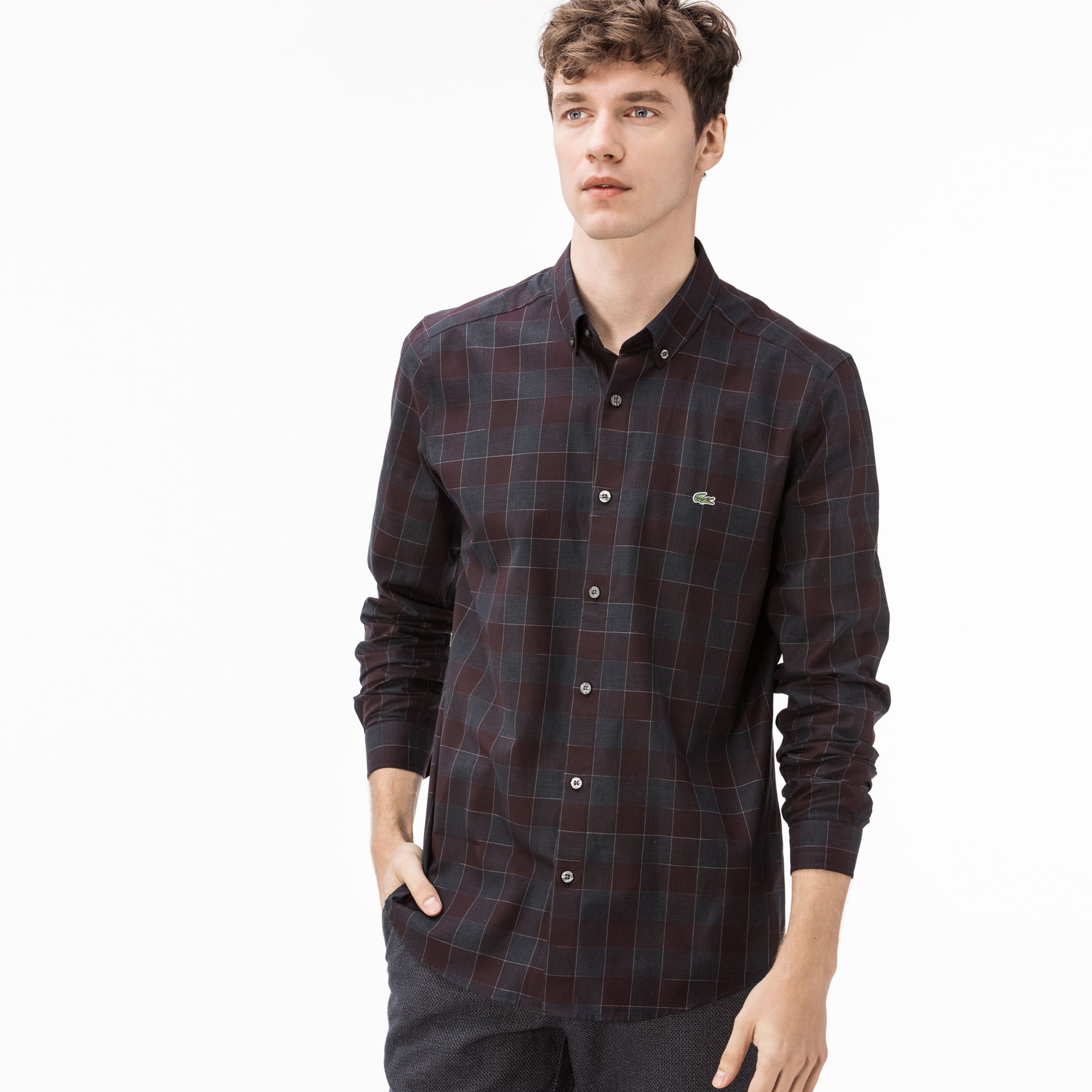 Lacoste Erkek Slim Fit Bordo - Gri Ekose Gömlek