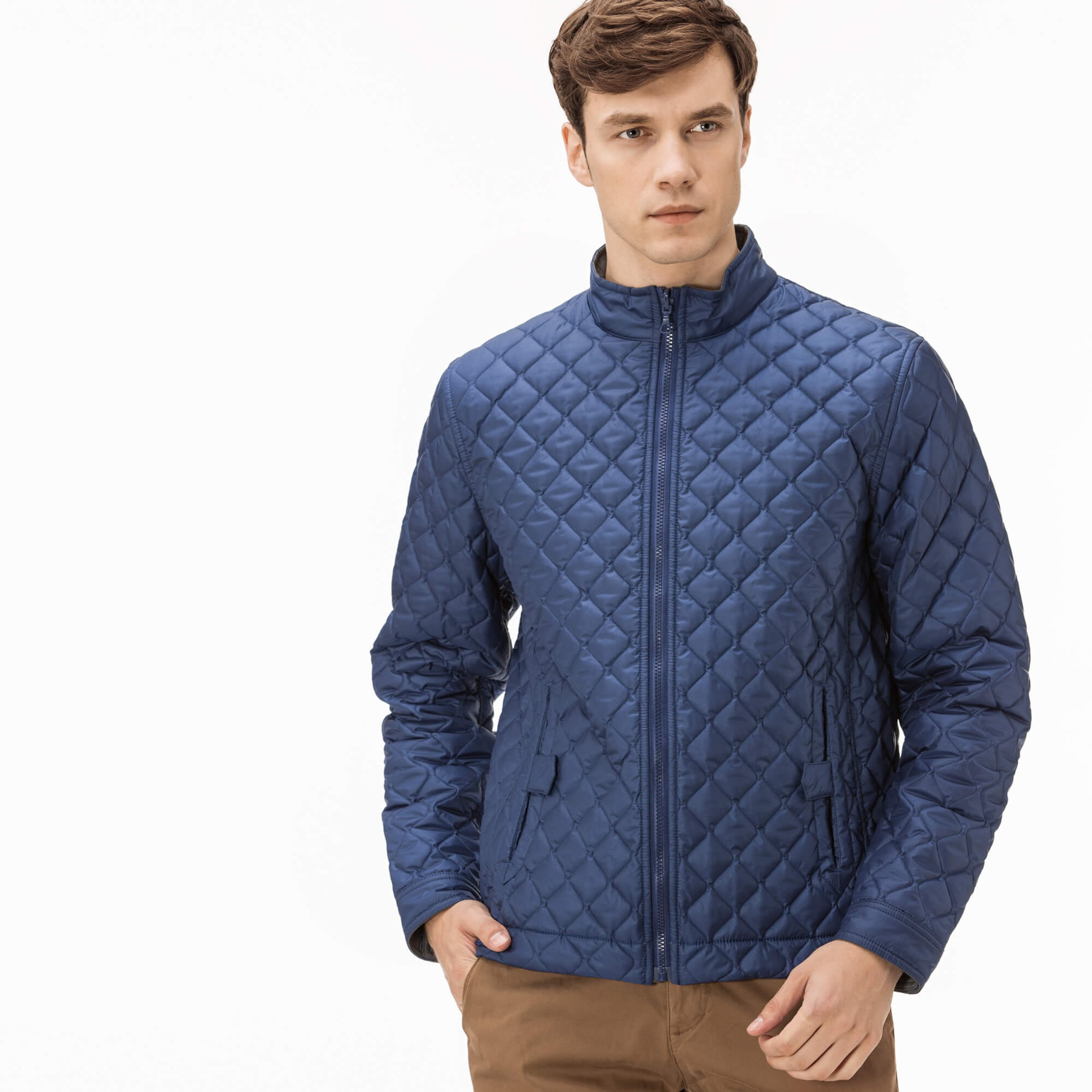 Lacoste Erkek Saks Mavi-Gri Çift Taraflı Kapitone Mont