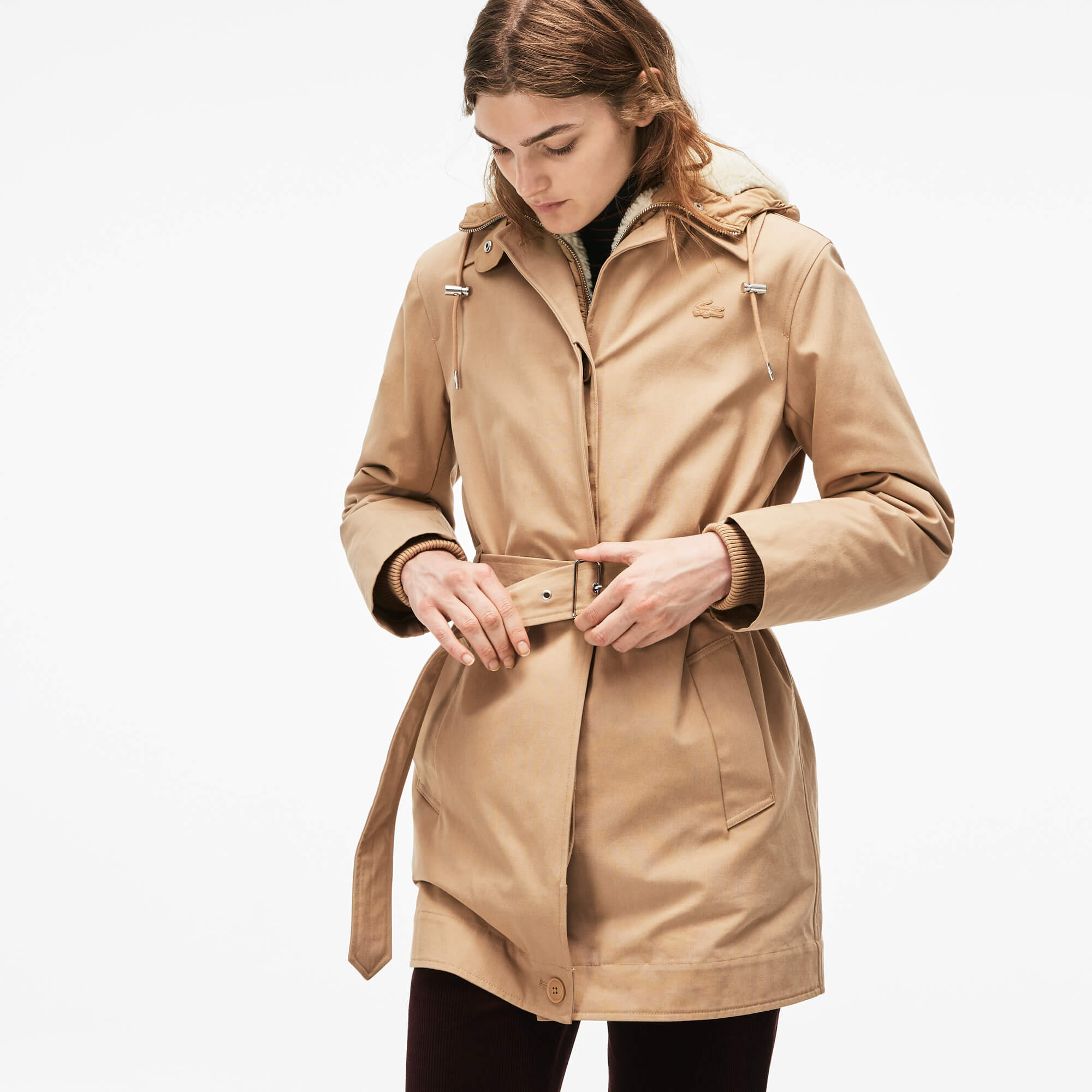 Lacoste Kadın Çıkarılabilir Kapüşonlu Ceketli Bej Mont