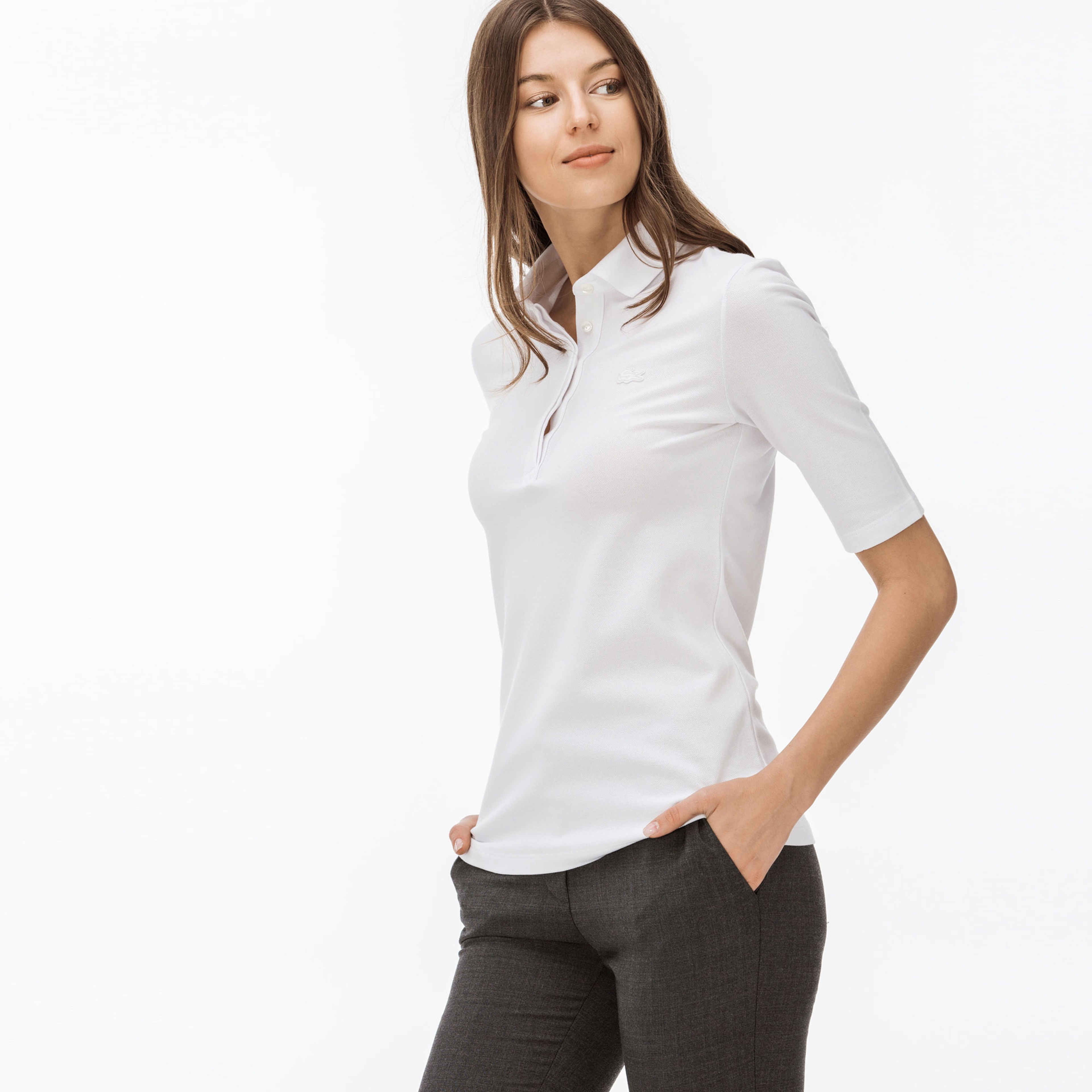 Lacoste Kadın Slim Fit Truvakar Kollu Beyaz Polo