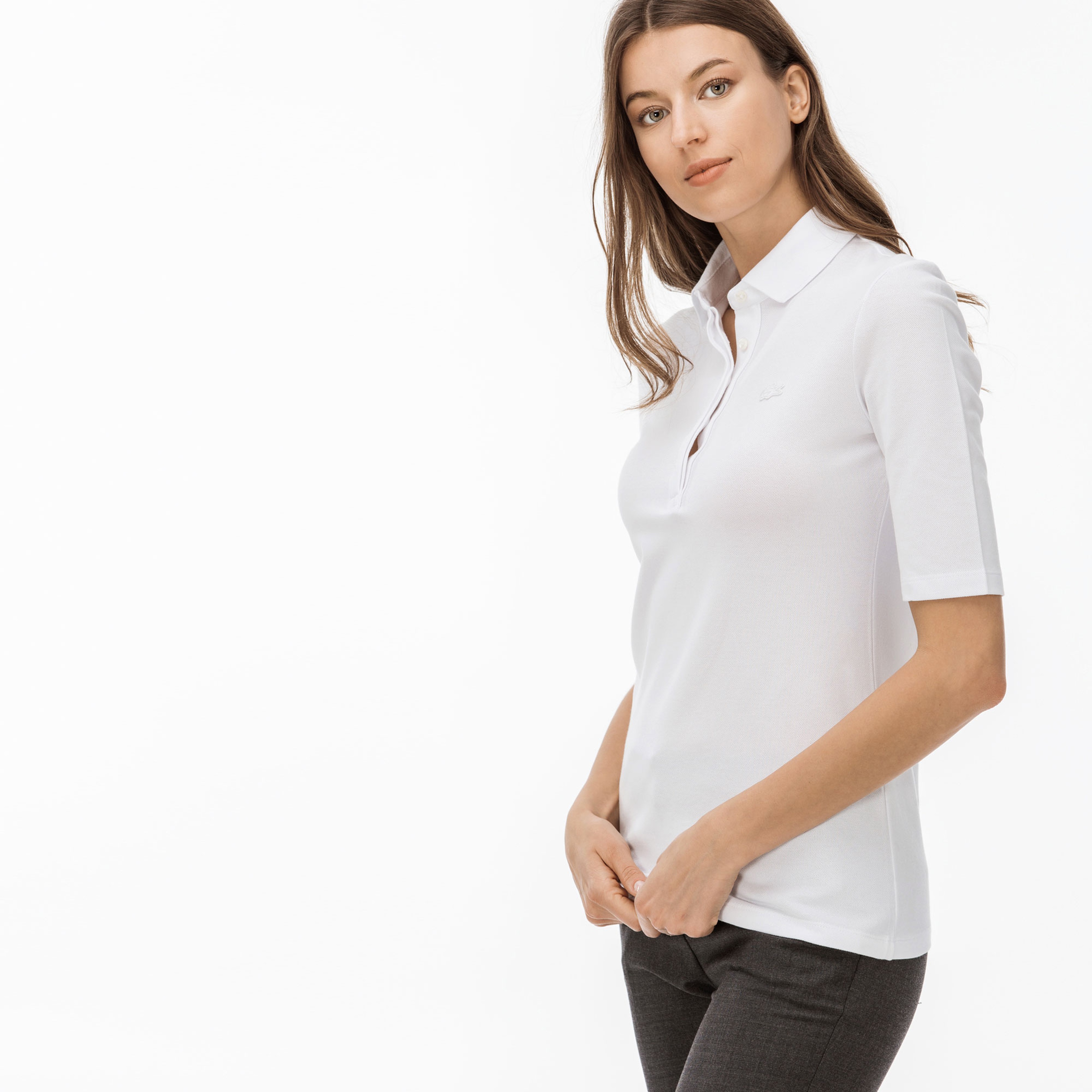 Lacoste Kadın Slim Fit Truvakar Kollu Beyaz Polo