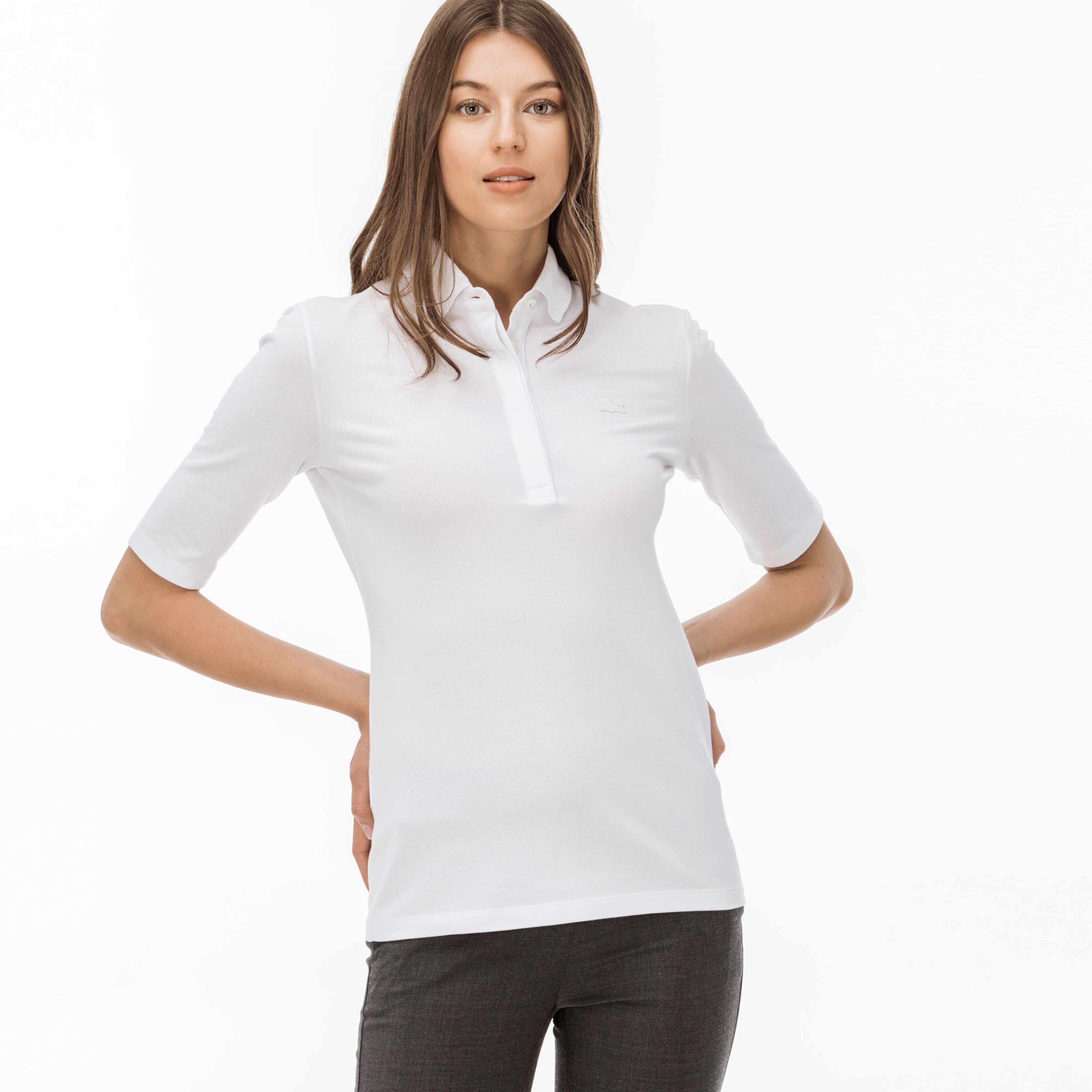 Lacoste Kadın Slim Fit Truvakar Kollu Beyaz Polo