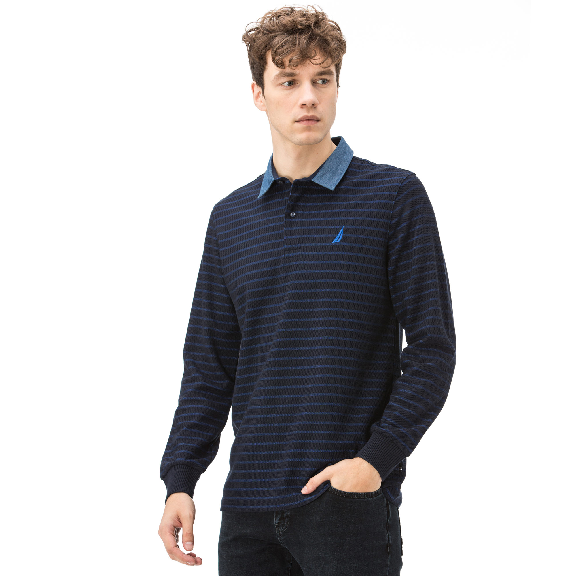 Nautica Klasik Fit Armürlü Çizgili Lacivert Erkek Polo