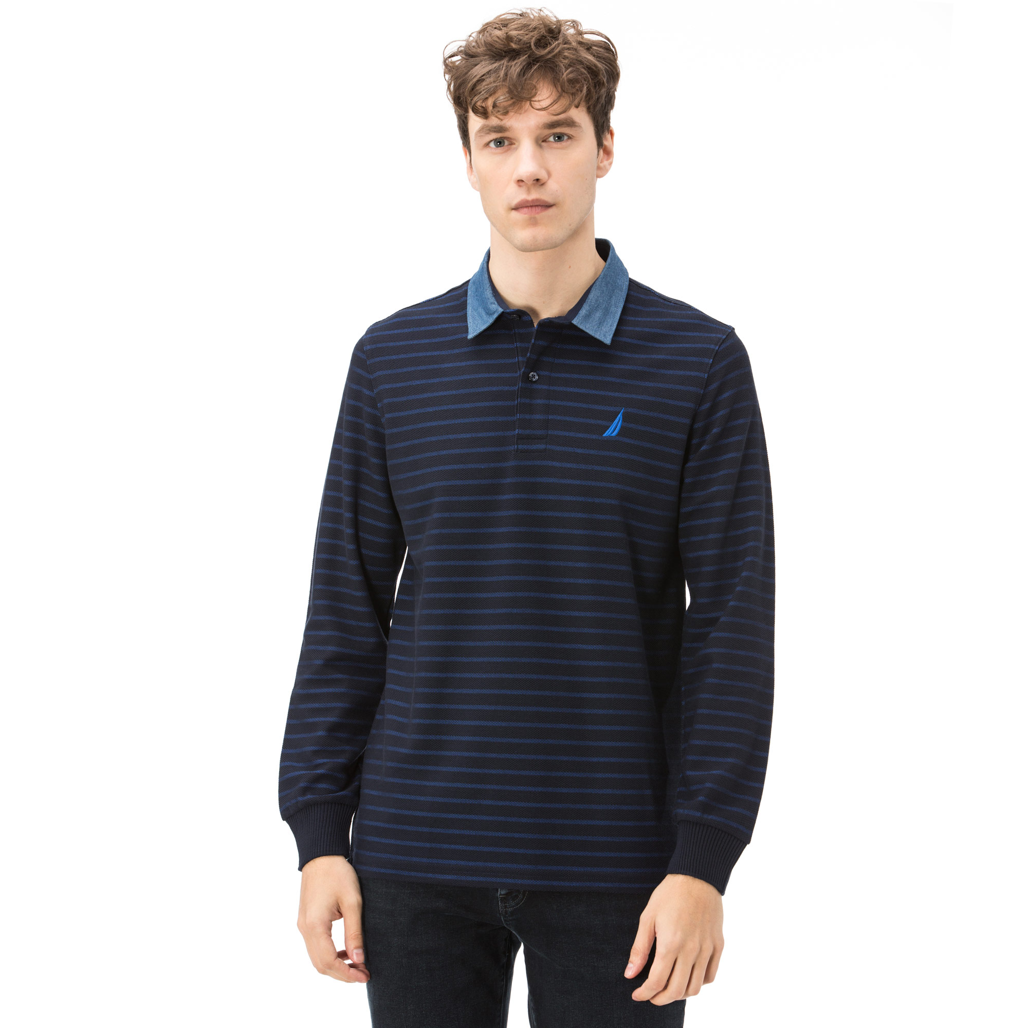 Nautica Klasik Fit Armürlü Çizgili Lacivert Erkek Polo