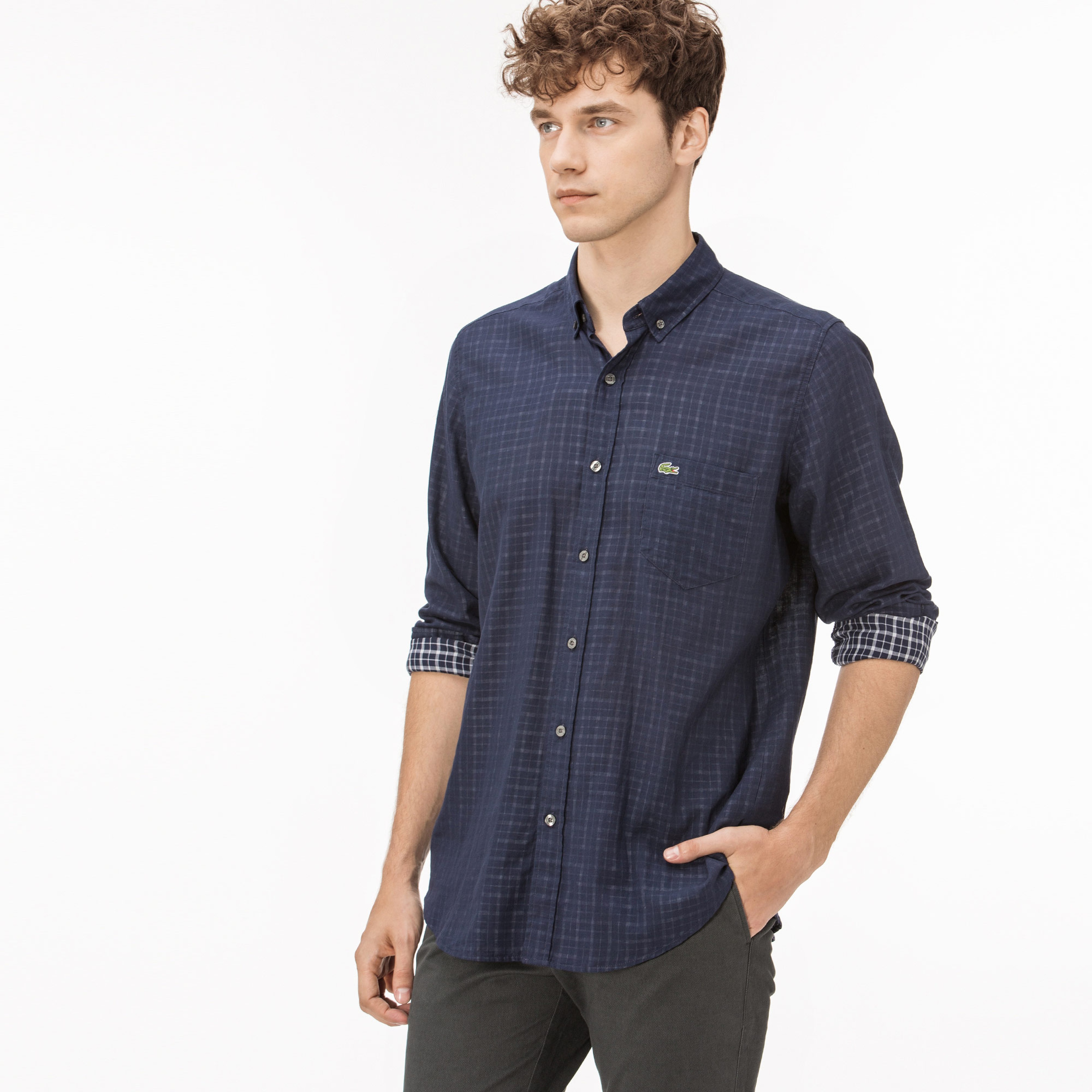 Lacoste Erkek Regular Fit Ters Kumaş Lacivert Gömlek