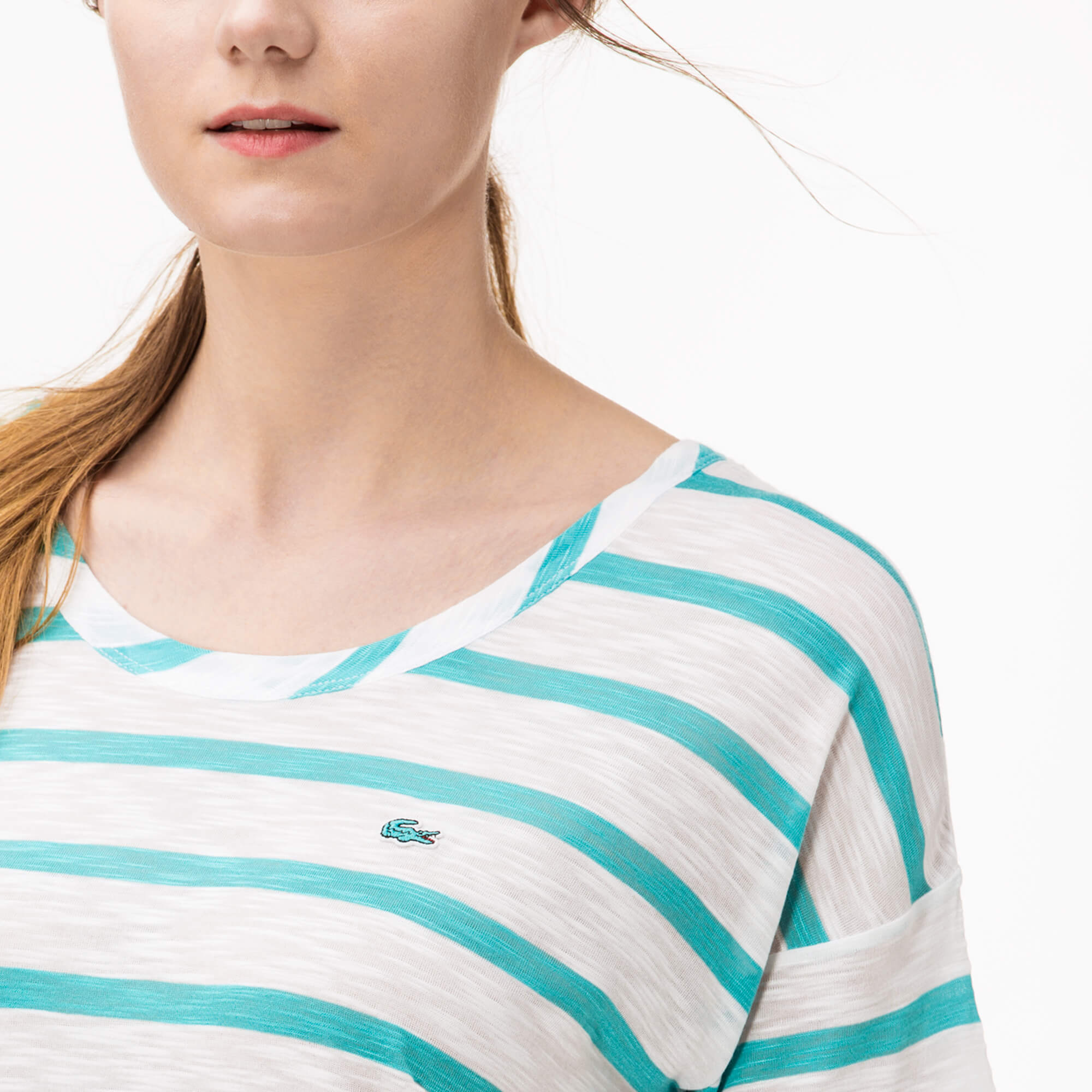 Lacoste Kadın Çizgili Mavi T-Shirt