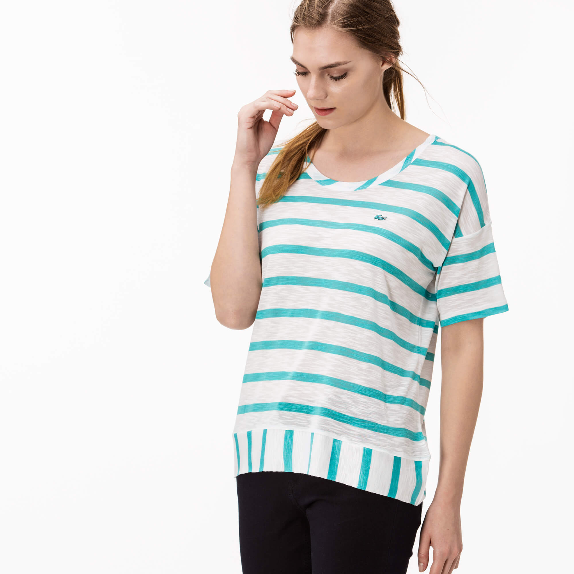 Lacoste Kadın Çizgili Mavi T-Shirt