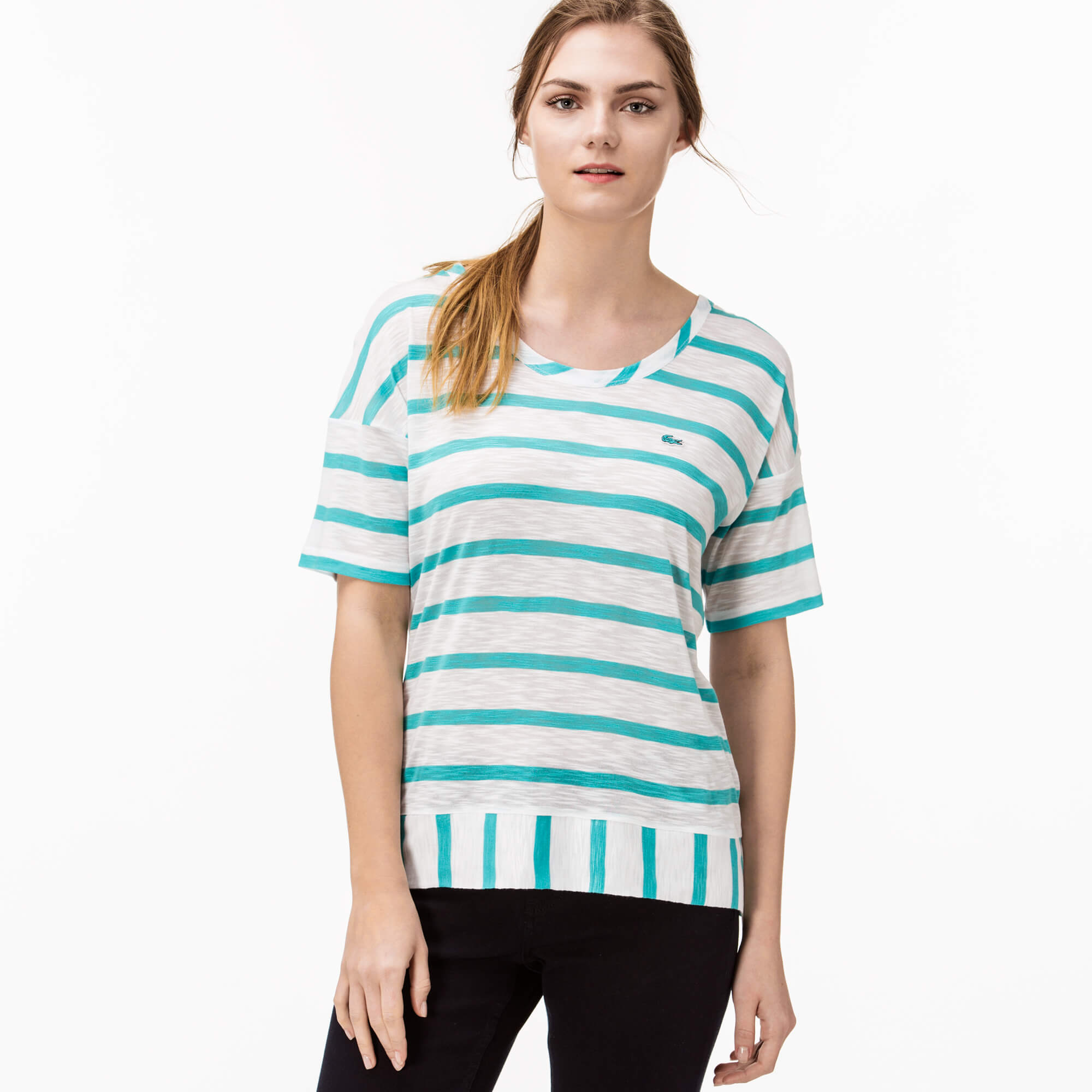 Lacoste Kadın Çizgili Mavi T-Shirt