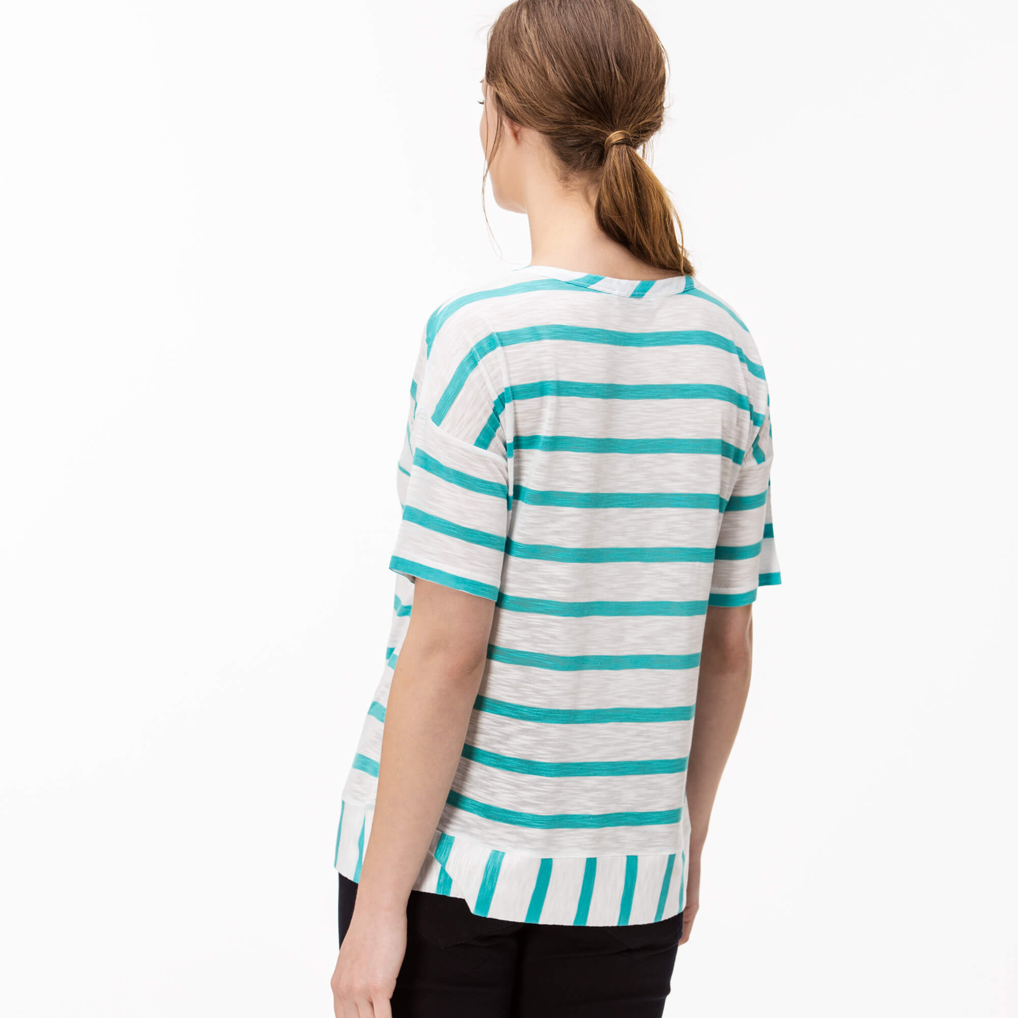 Lacoste Kadın Çizgili Mavi T-Shirt