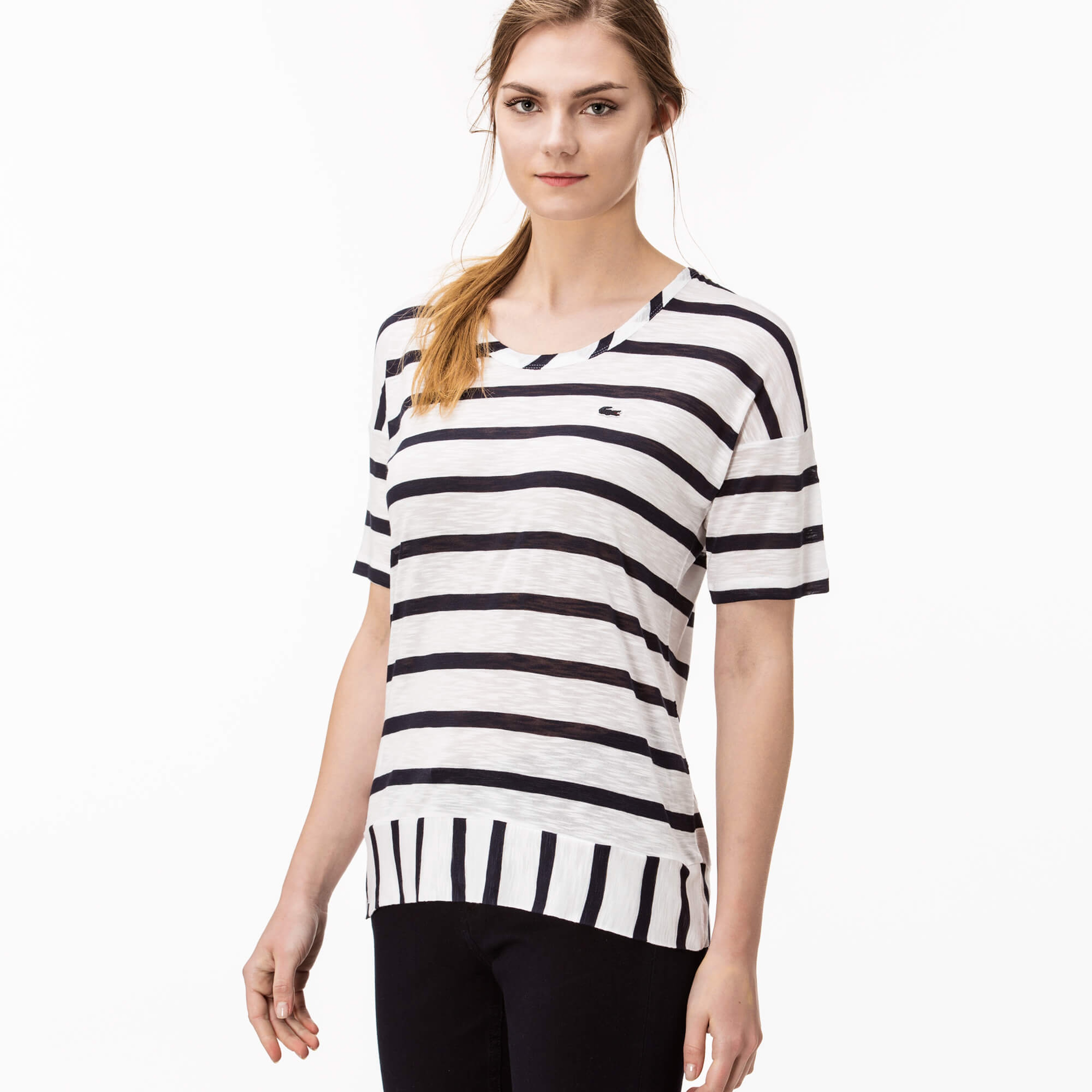 Lacoste Kadın Çizgili Beyaz T-Shirt