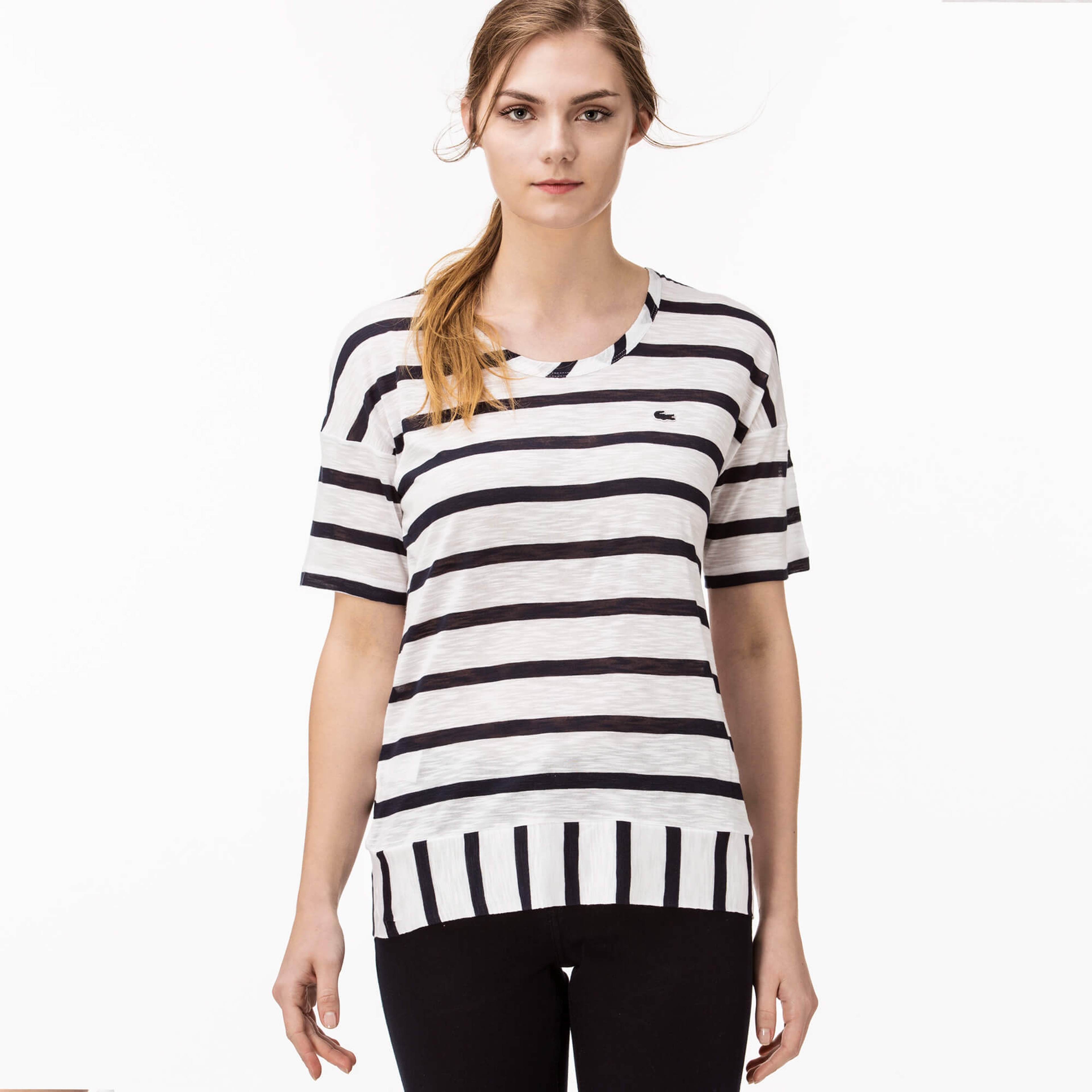 Lacoste Kadın Çizgili Beyaz T-Shirt