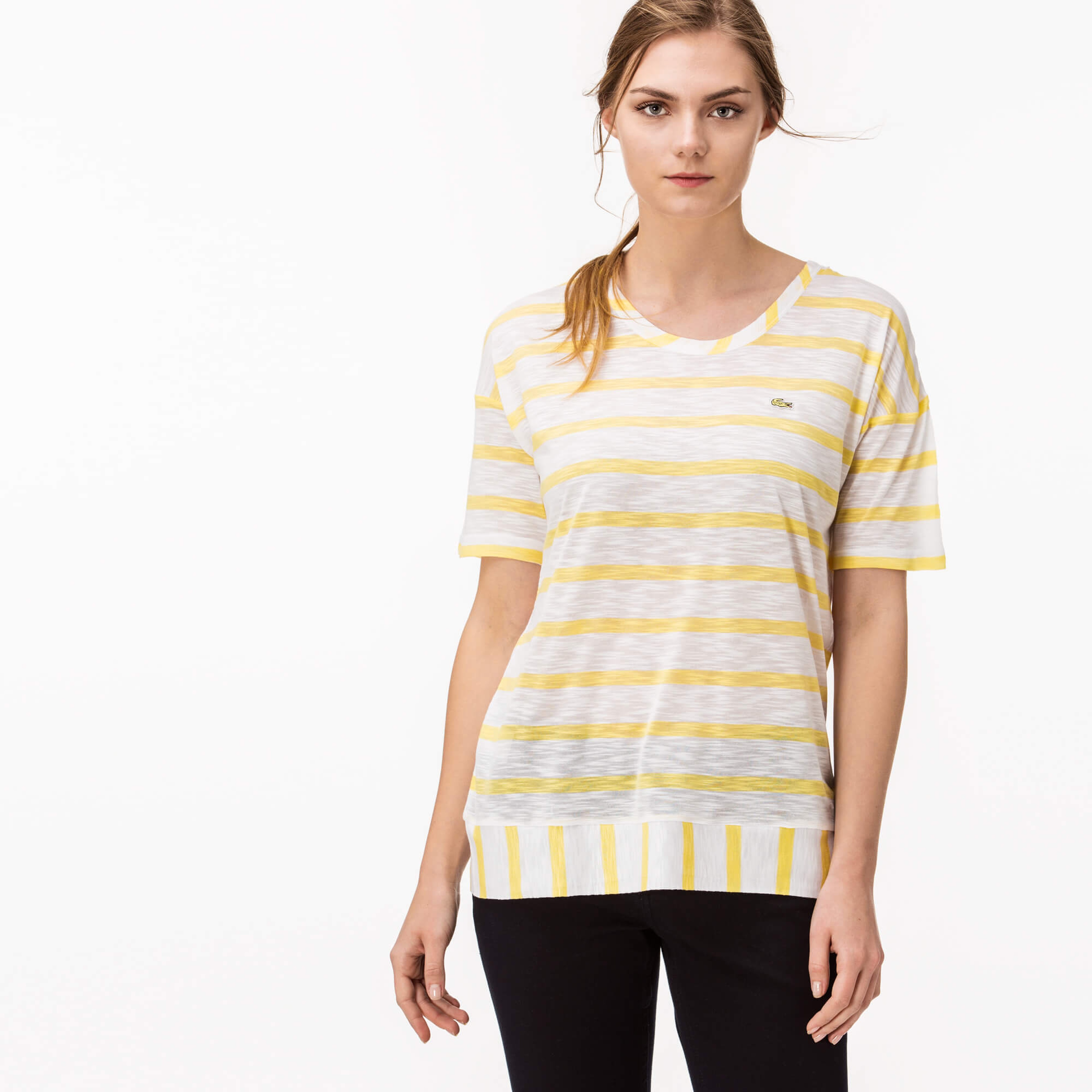 Lacoste Kadın Çizgili Sarı T-Shirt