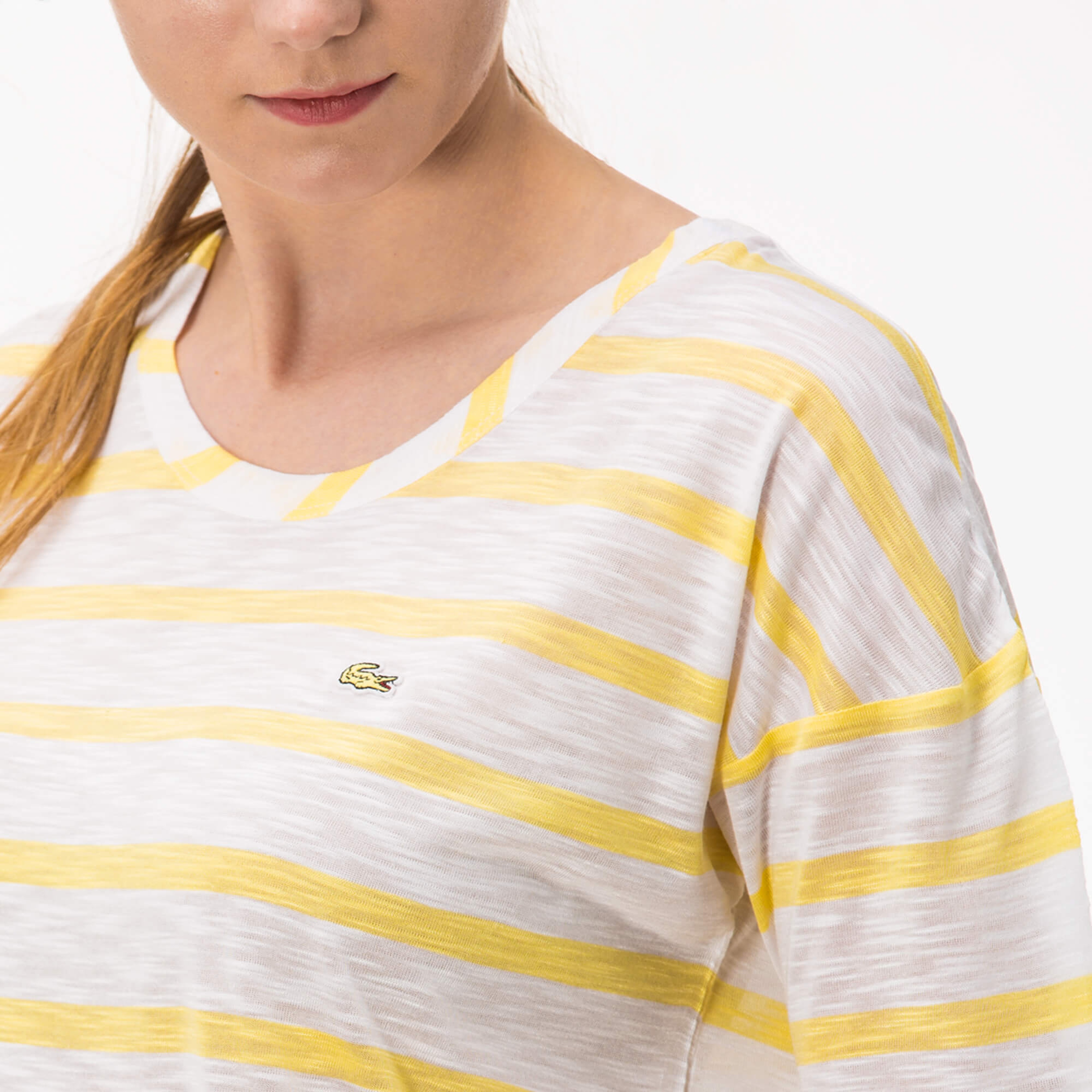 Lacoste Kadın Çizgili Sarı T-Shirt