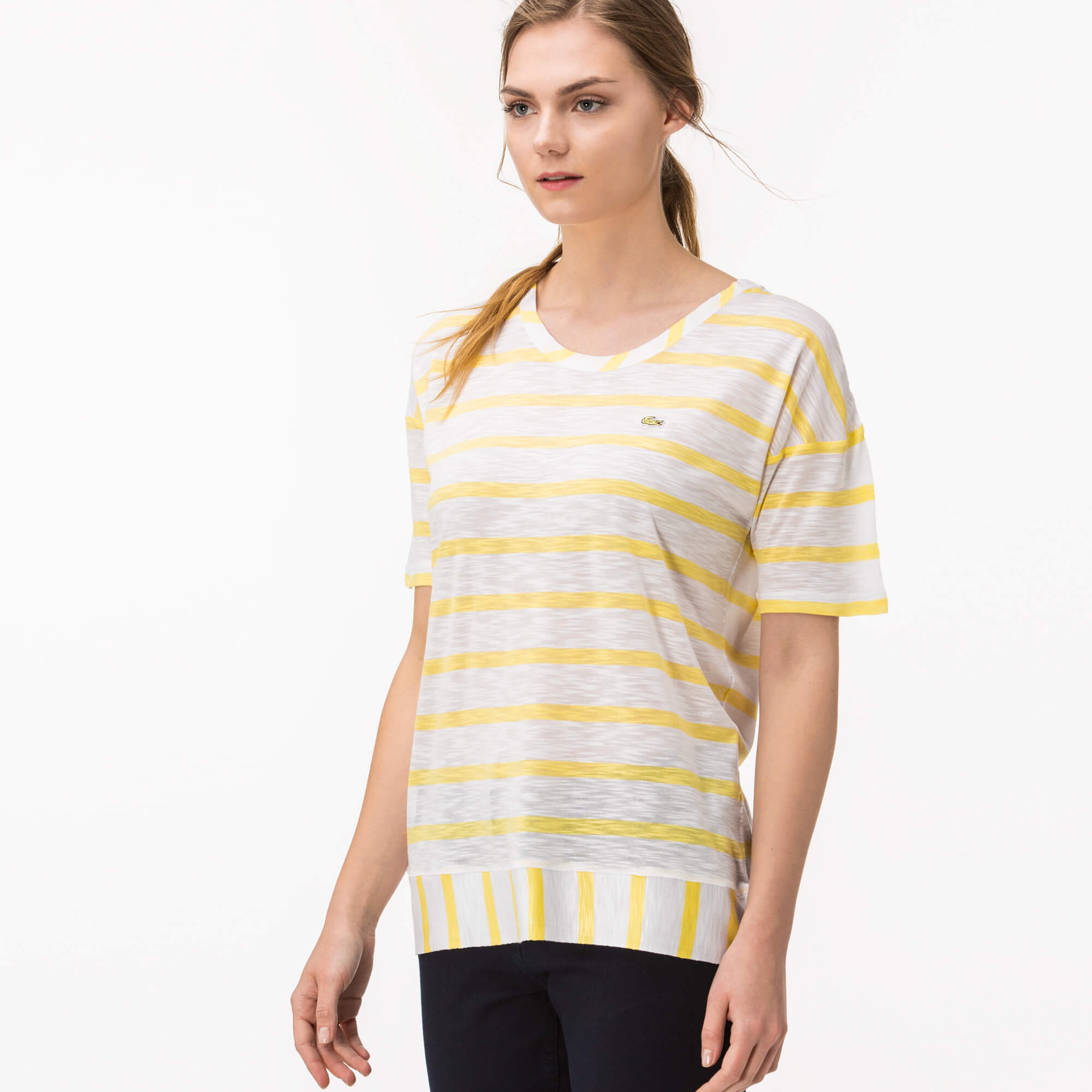 Lacoste Kadın Çizgili Sarı T-Shirt