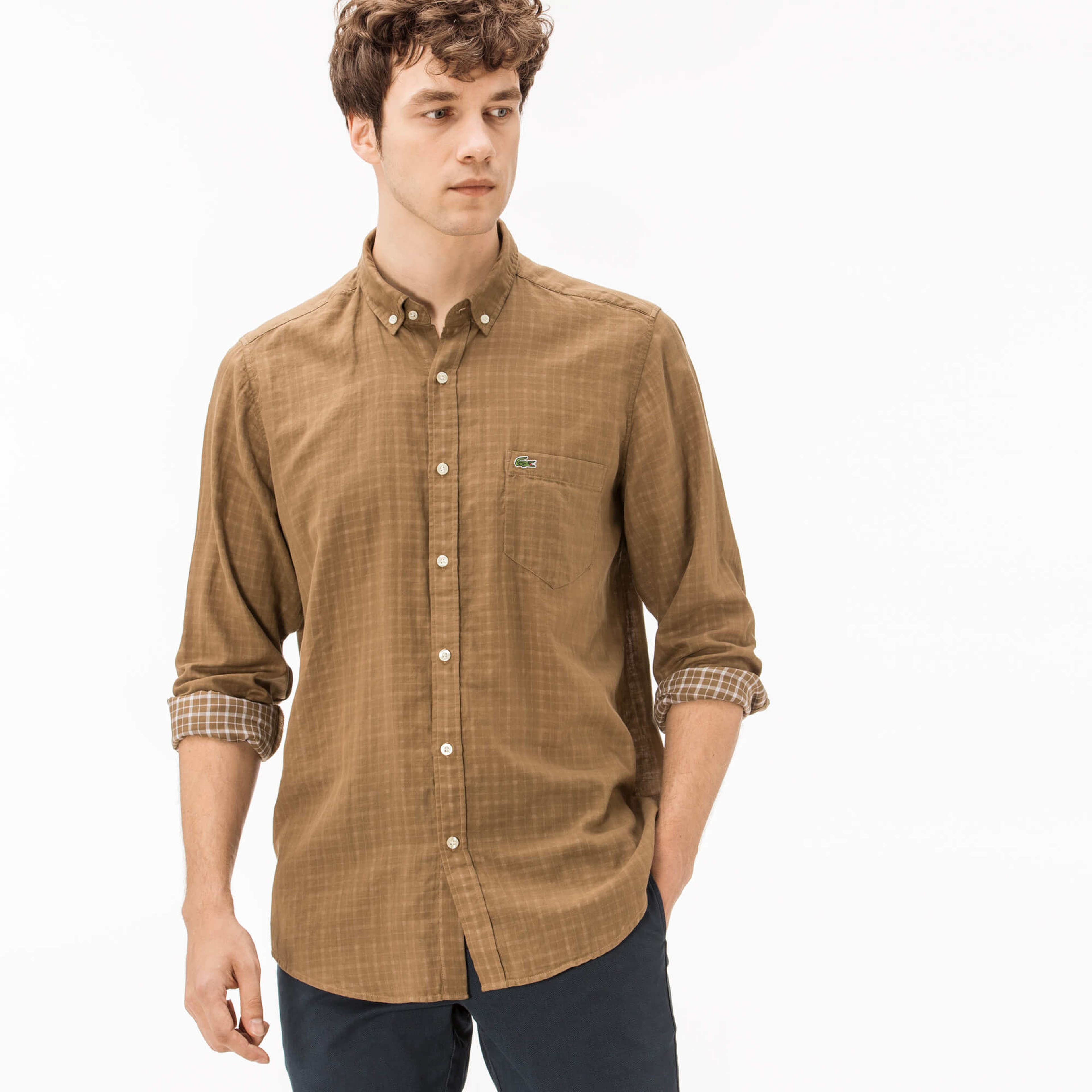 Lacoste Erkek Regular Fit Ters Kumaş Kahverengi Gömlek