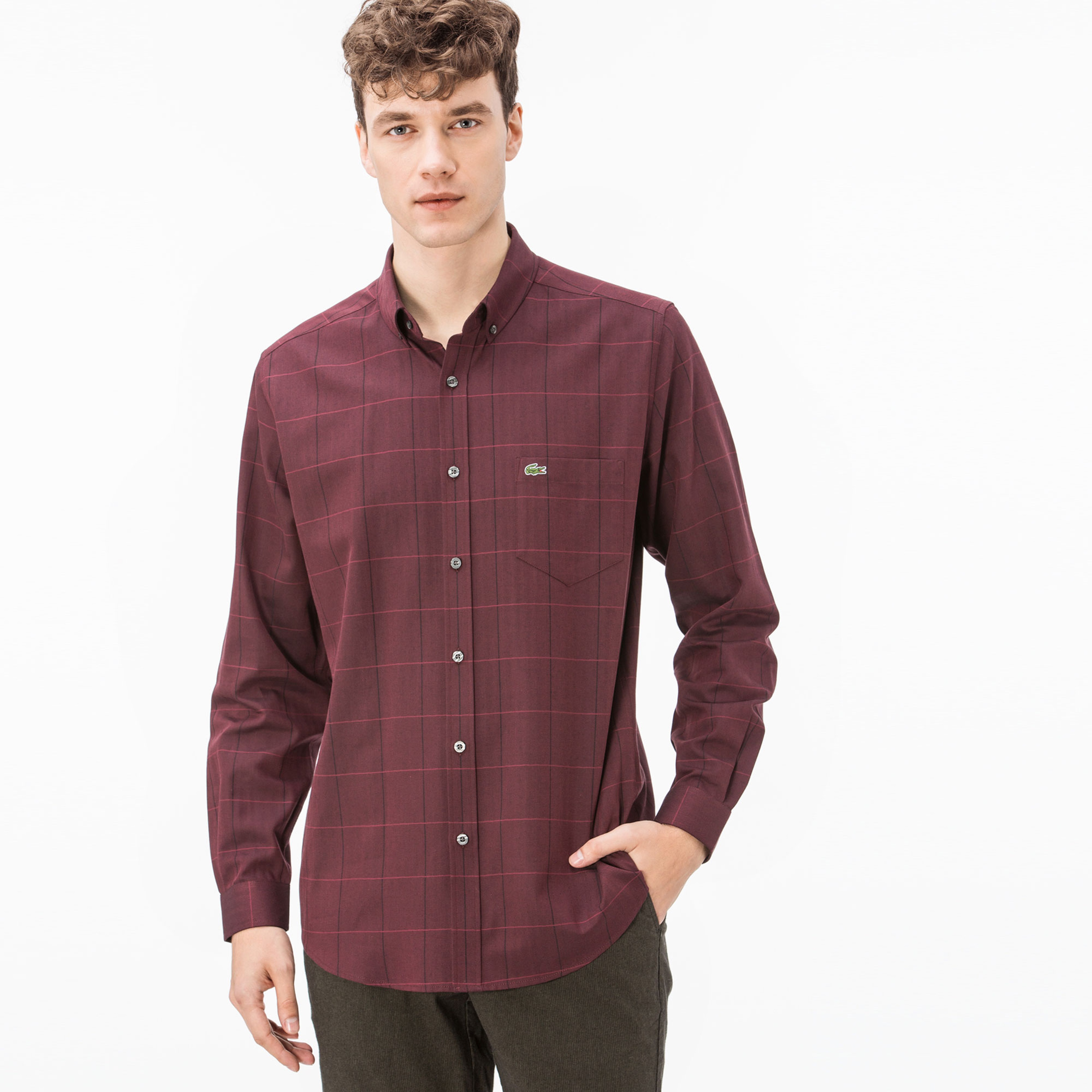 Lacoste Erkek Slim Fit Bordo Ekose Gömlek