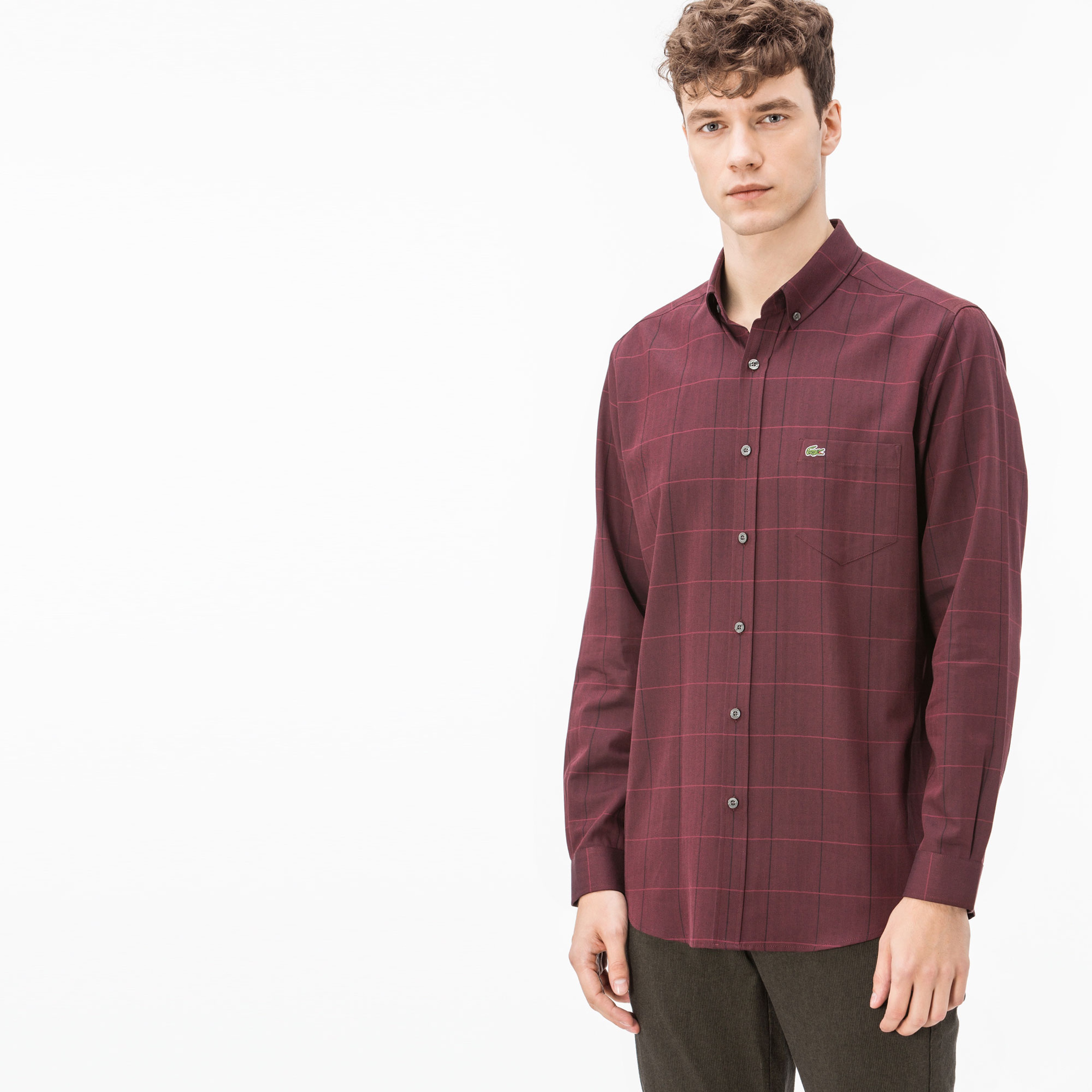 Lacoste Erkek Slim Fit Bordo Ekose Gömlek