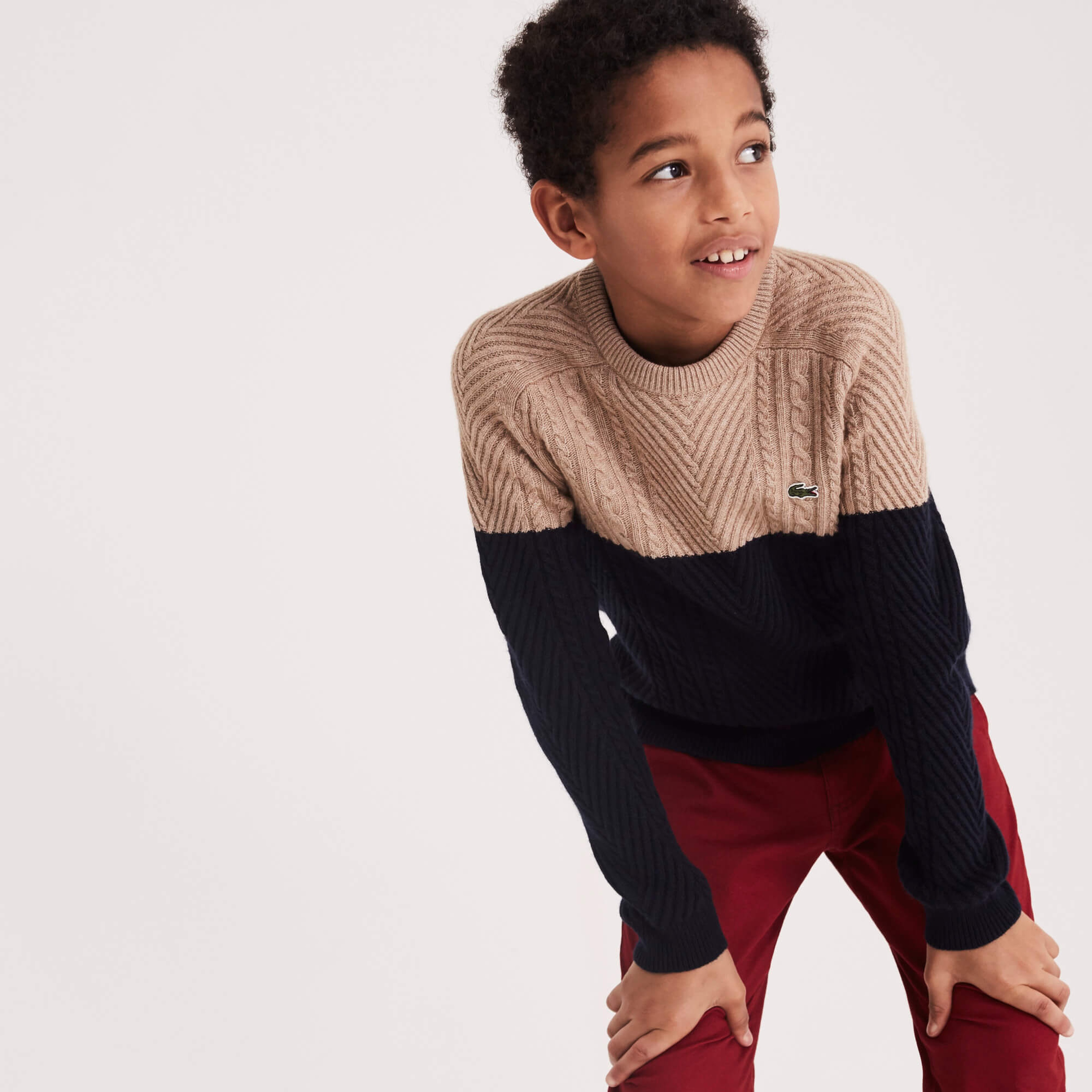 Lacoste Çocuk Lacivert-Bej Saç Örgü Bisiklet Yaka Triko