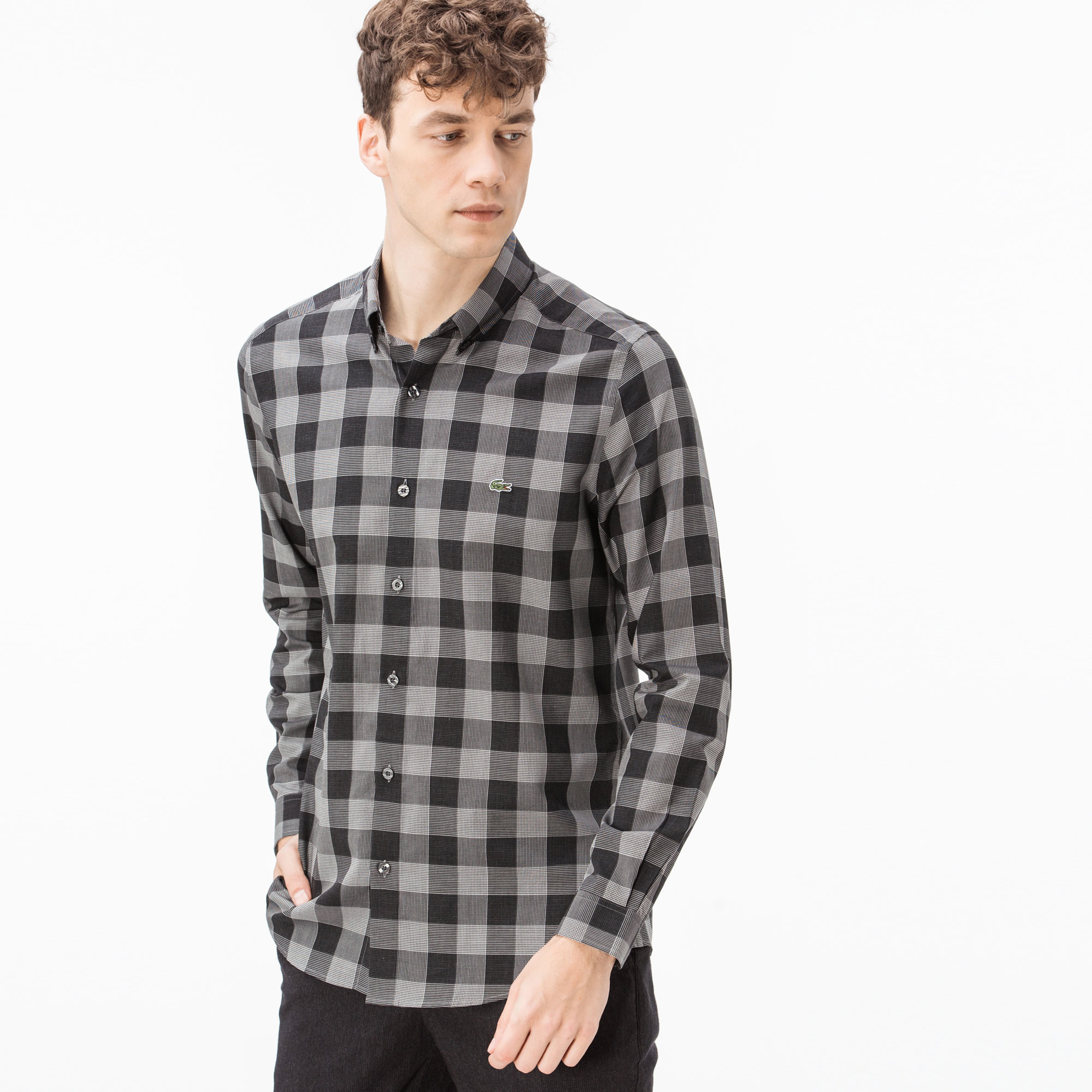 Lacoste Erkek Gri Ekose Desenli Slim Fit Gömlek