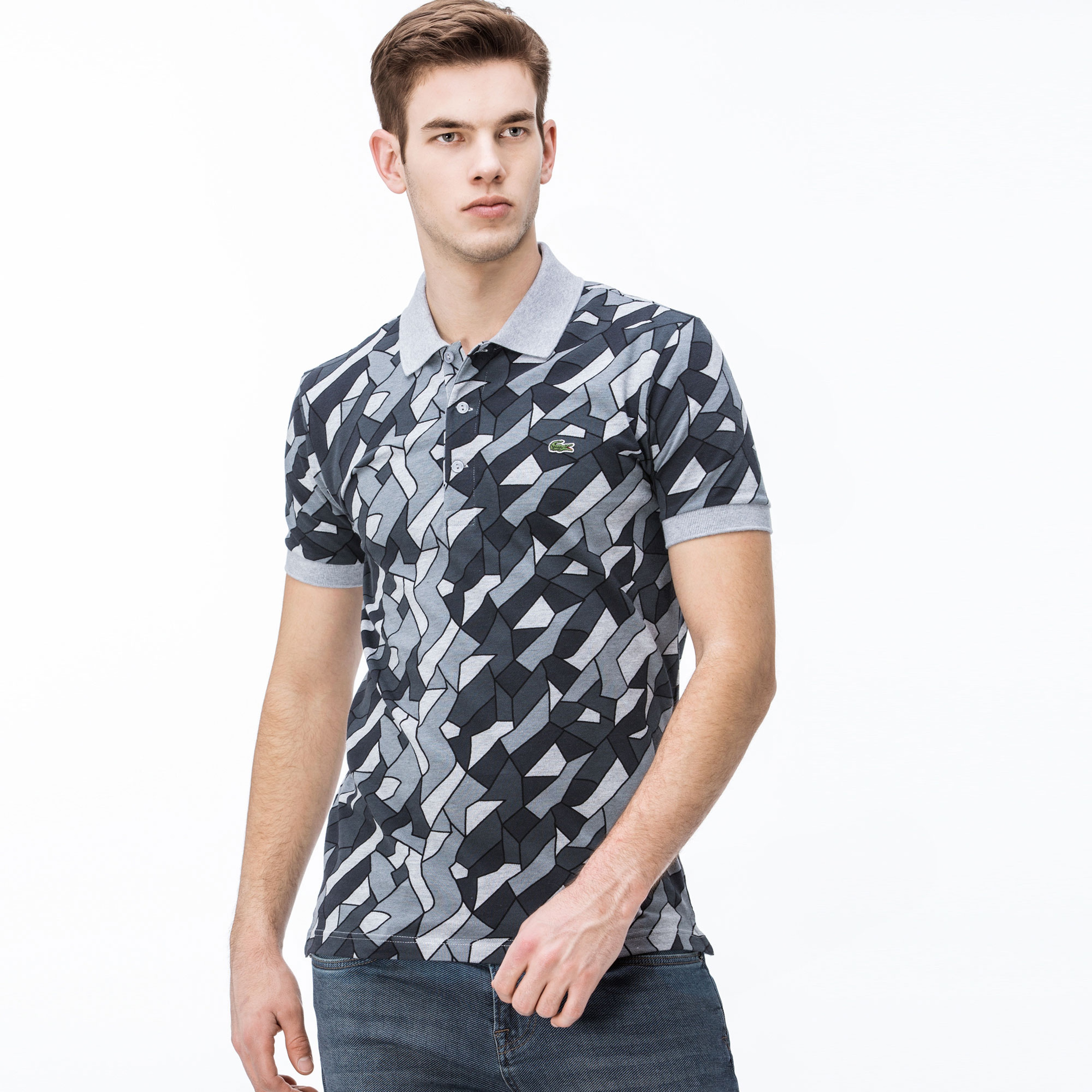 Lacoste Erkek Slim Fit Gri Desenli Polo