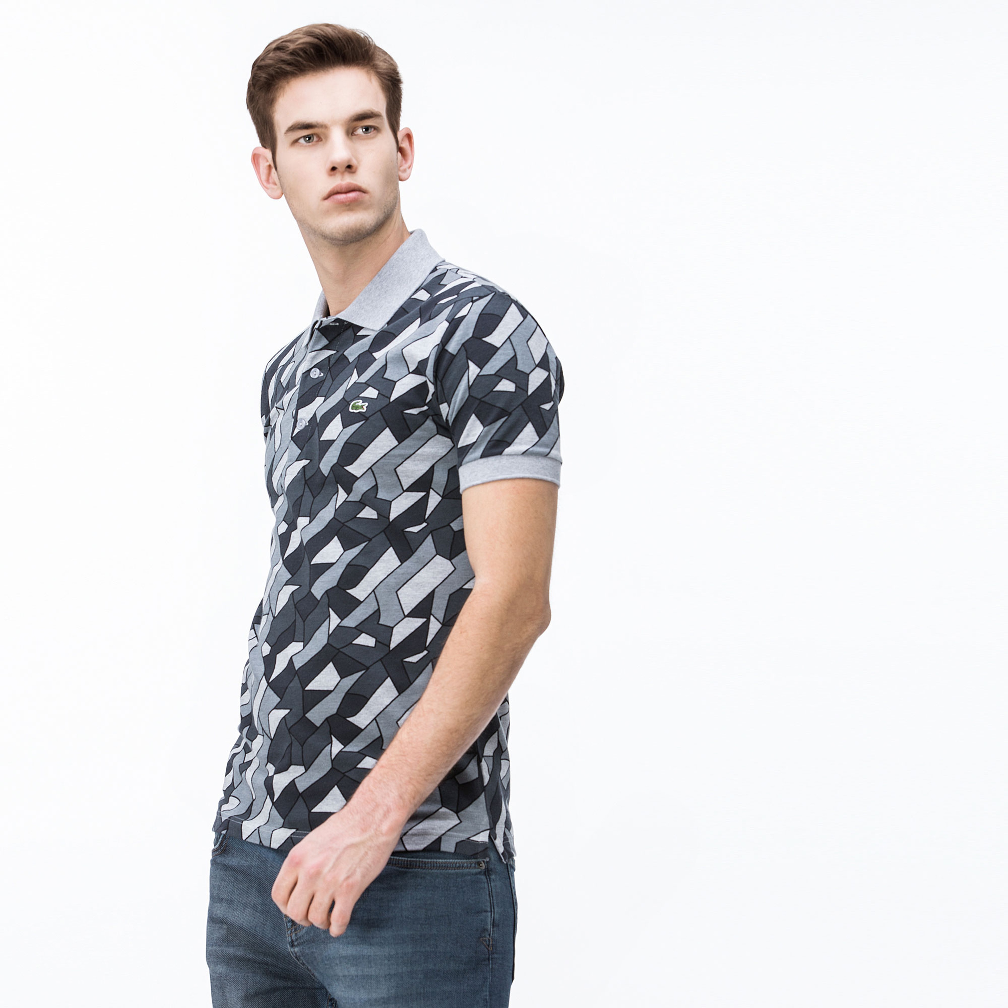 Lacoste Erkek Slim Fit Gri Desenli Polo