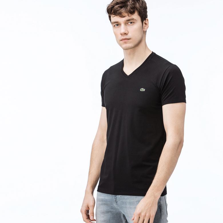 Erkek Slim Fit V Yaka Siyah T-Shirt