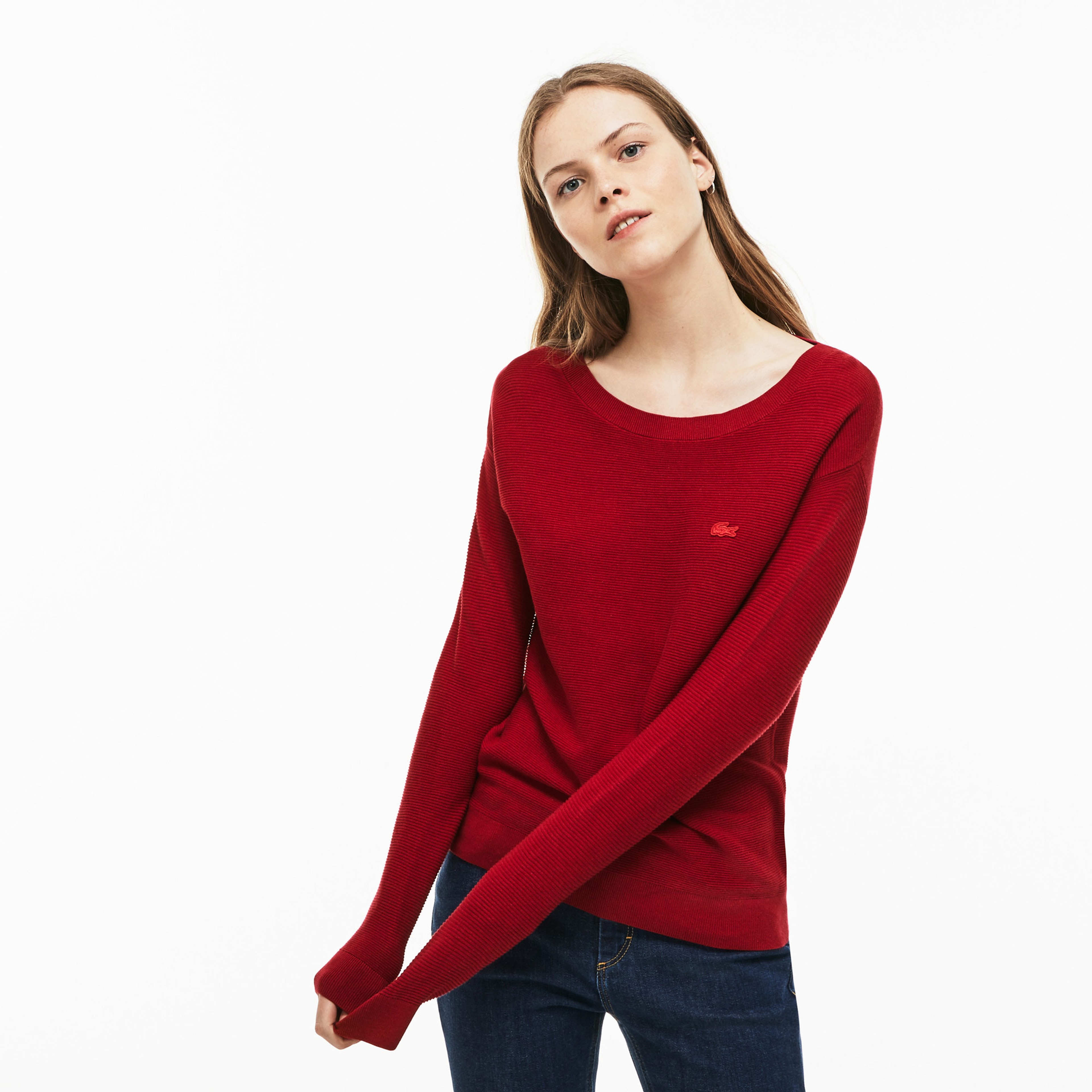 Lacoste Kadın Koyu Kırmızı Triko Kazak