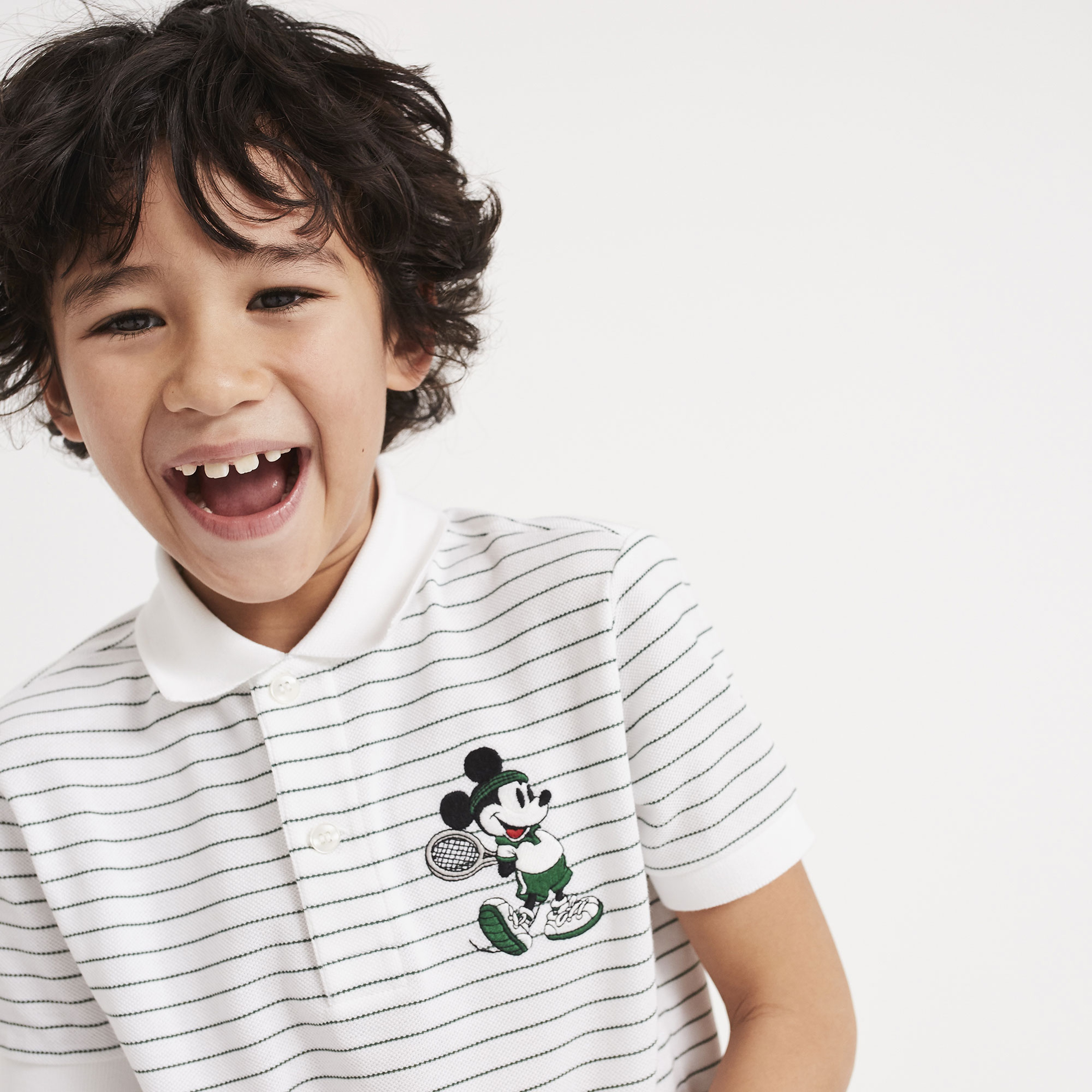 Lacoste x Disney Mickey İşlemeli Çocuk Beyaz Çizgili Polo