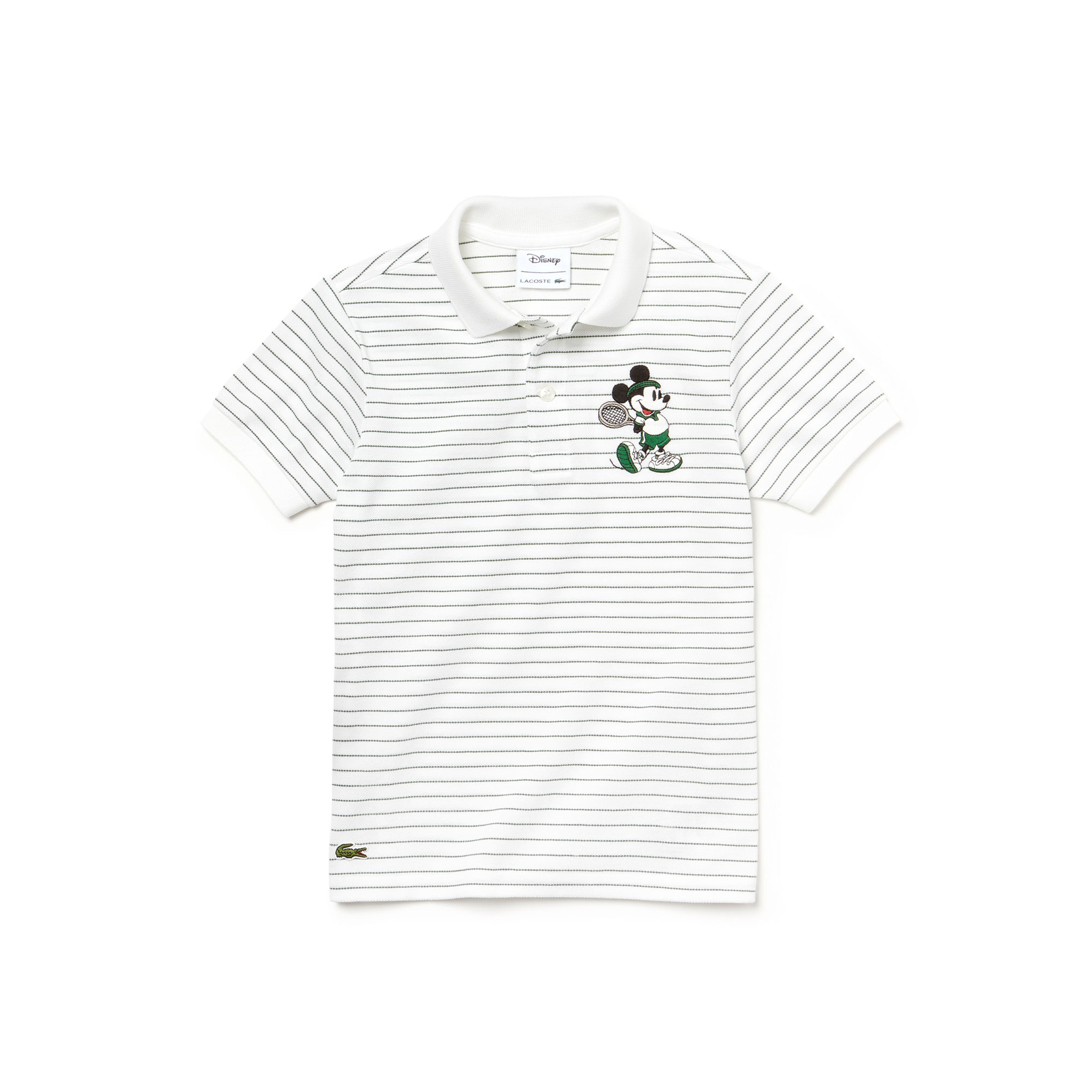 Lacoste x Disney Mickey İşlemeli Çocuk Beyaz Çizgili Polo