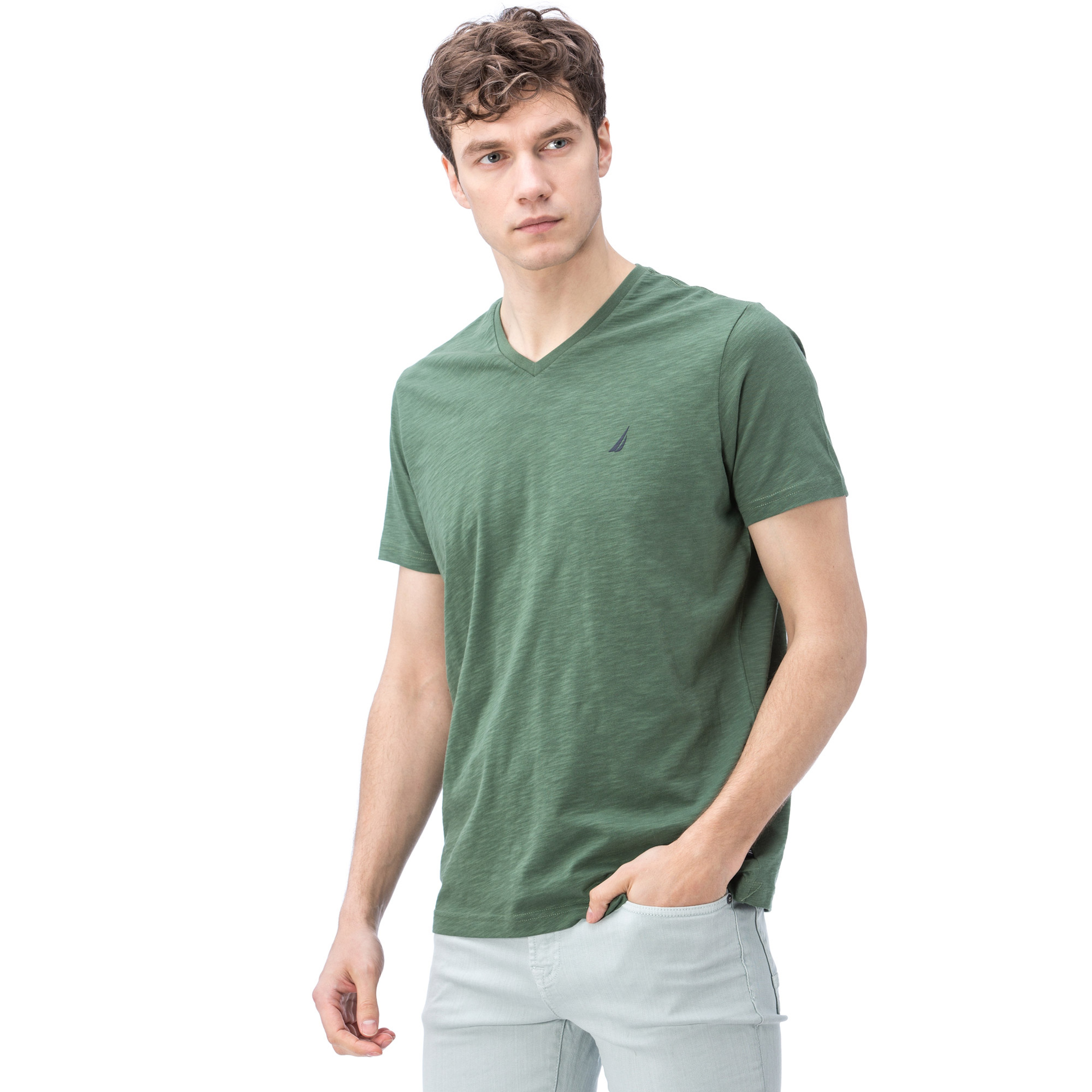 NAUTICA ERKEK YEŞİL KISA KOLLU V YAKA FLAMLI SLIM FIT T-SHIRT