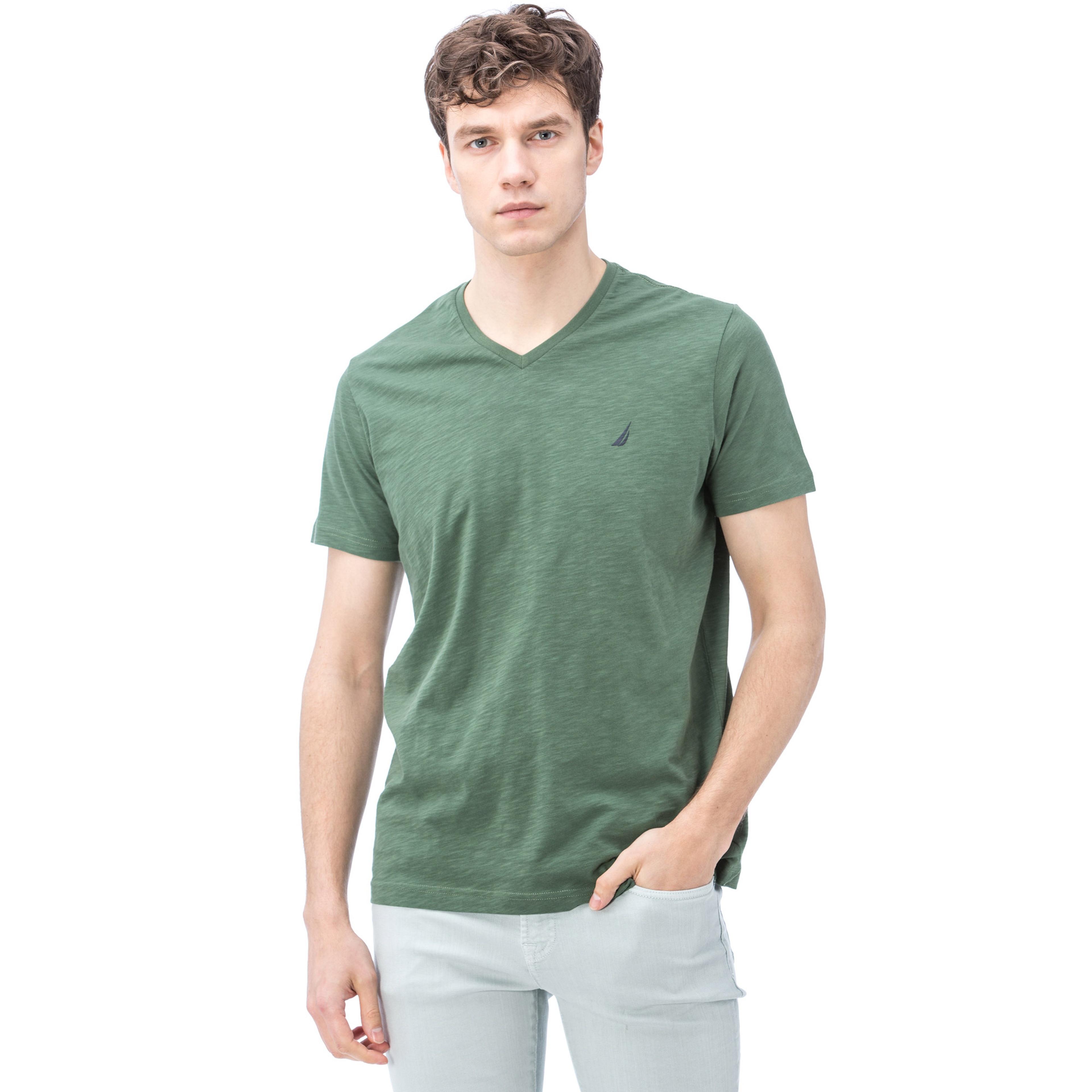 NAUTICA ERKEK YEŞİL KISA KOLLU V YAKA FLAMLI SLIM FIT T-SHIRT